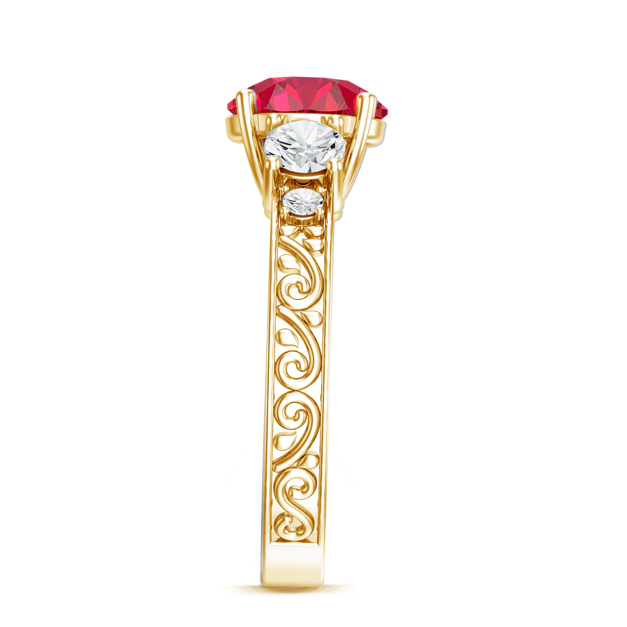 Lab Grown Ruby and Moissanite 3 Stone Engagement Ring With Certificate AAAA - Rosec Jewels