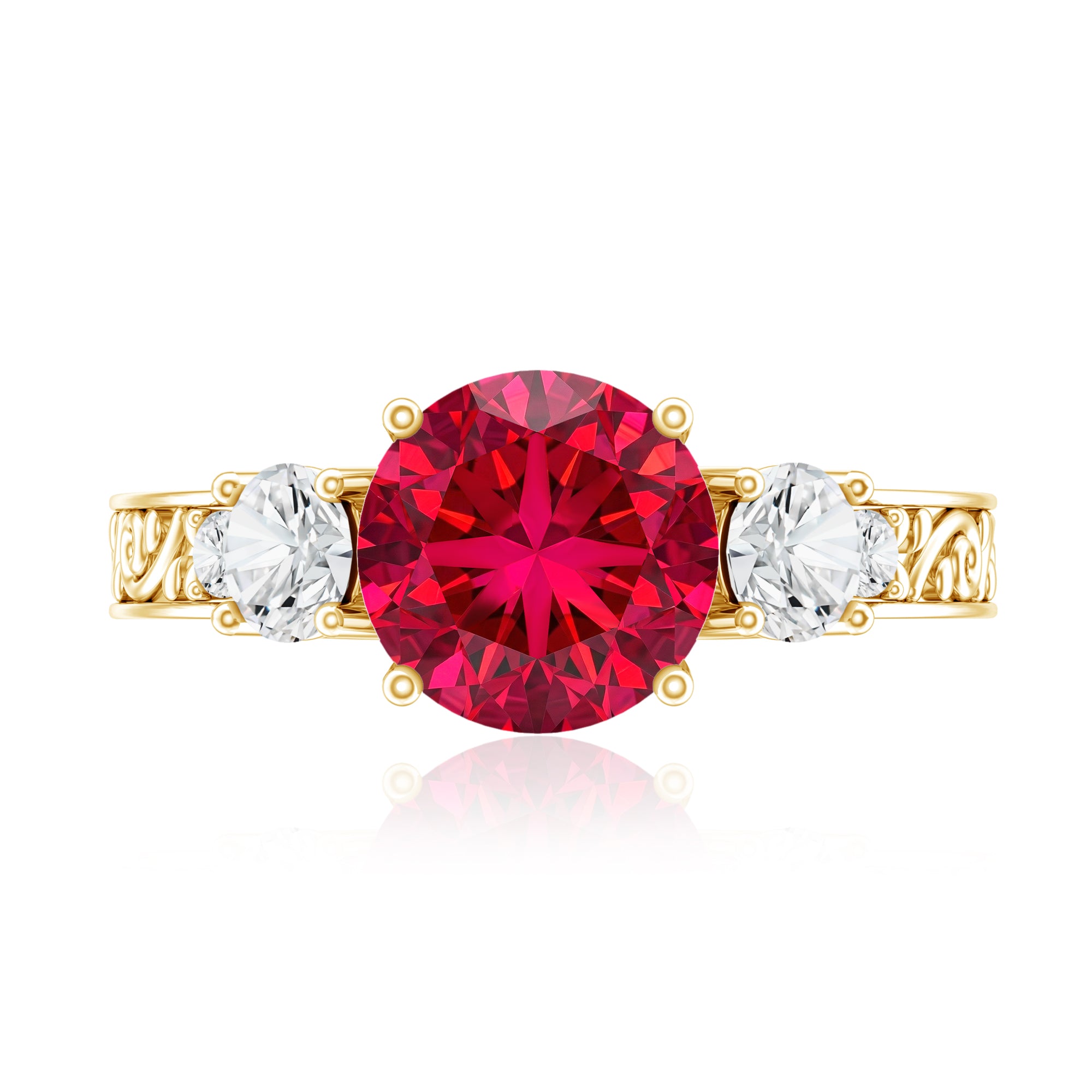 Lab Grown Ruby and Moissanite 3 Stone Engagement Ring With Certificate AAAA - Rosec Jewels