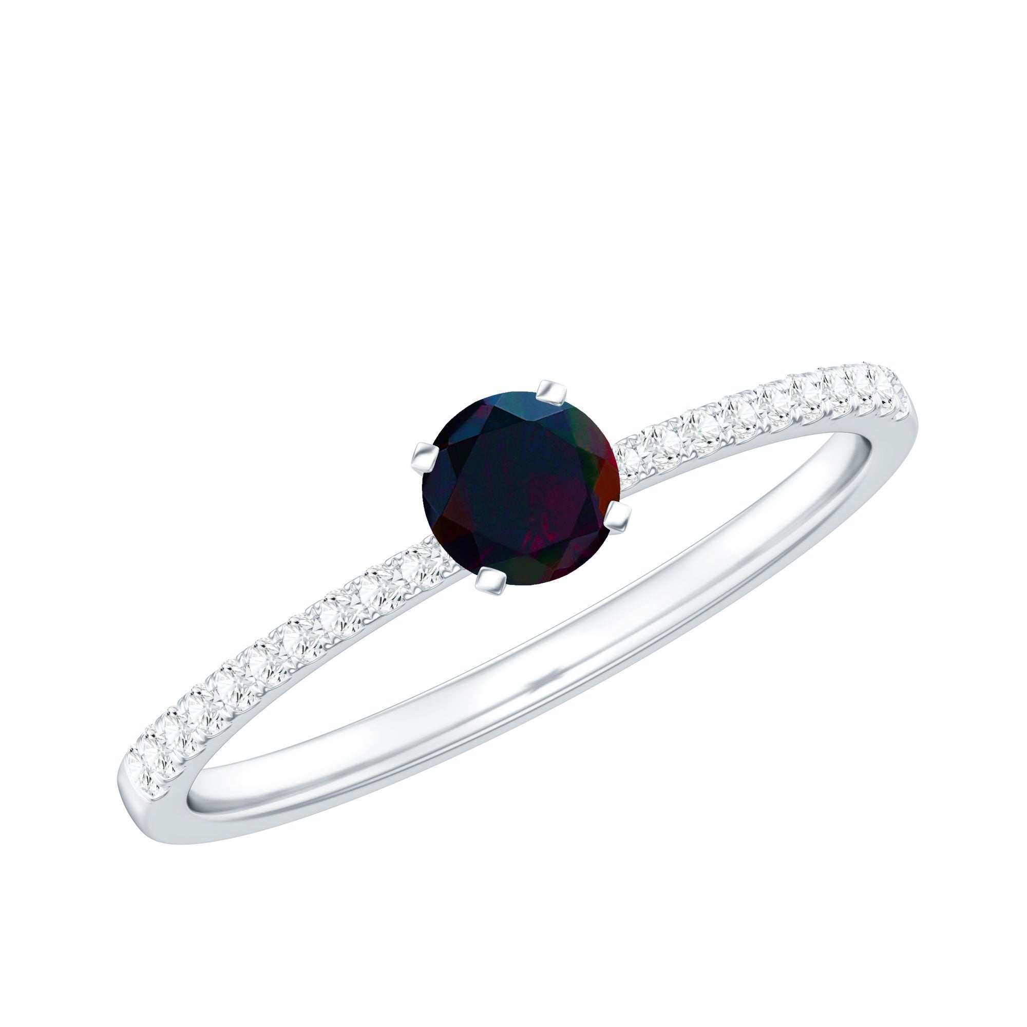 0.4 Carat Round Black Opal Solitaire Engagement Ring with Diamond AAA - Rosec Jewels
