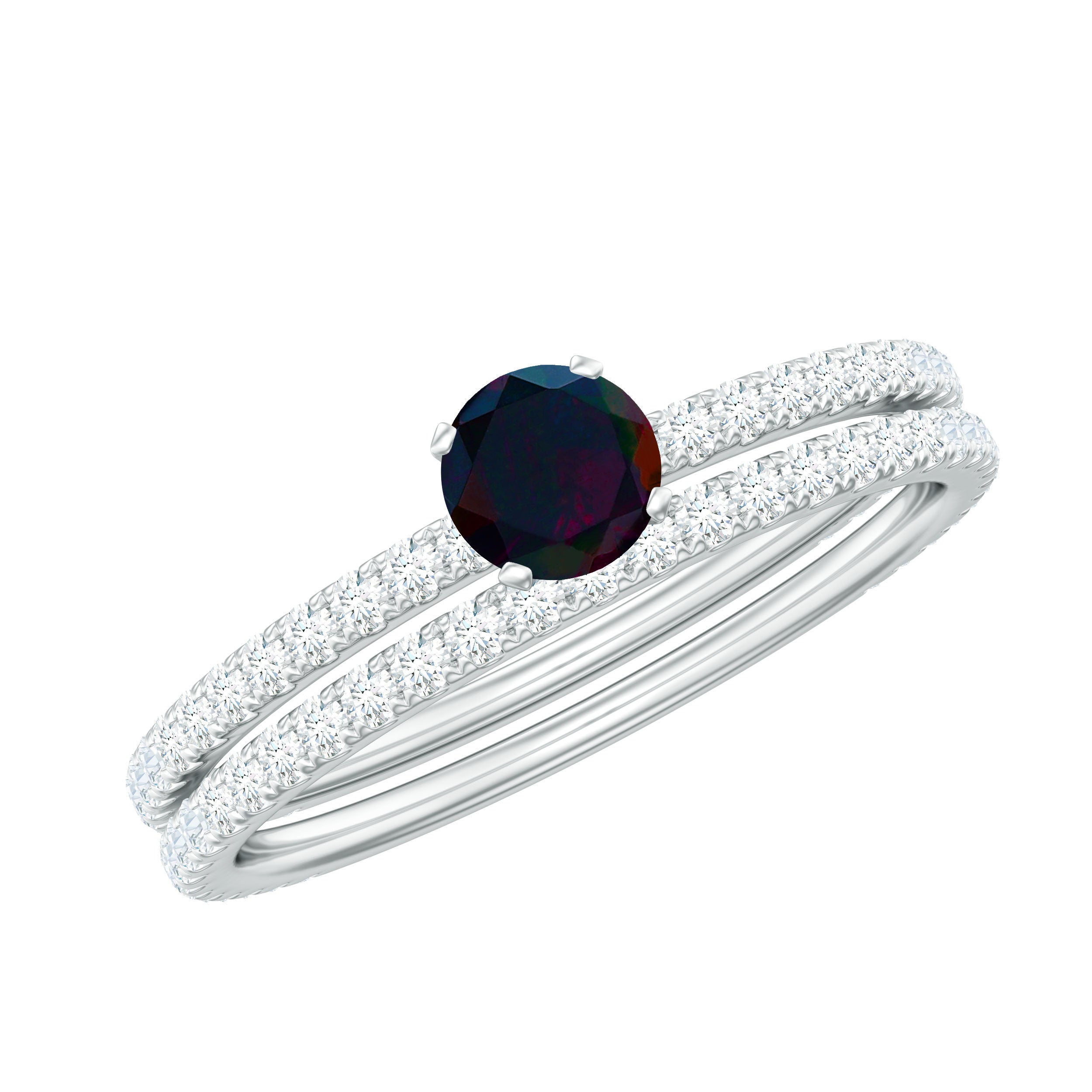 1.25 CT Minimal Wedding Ring Set with Black Opal and Diamond