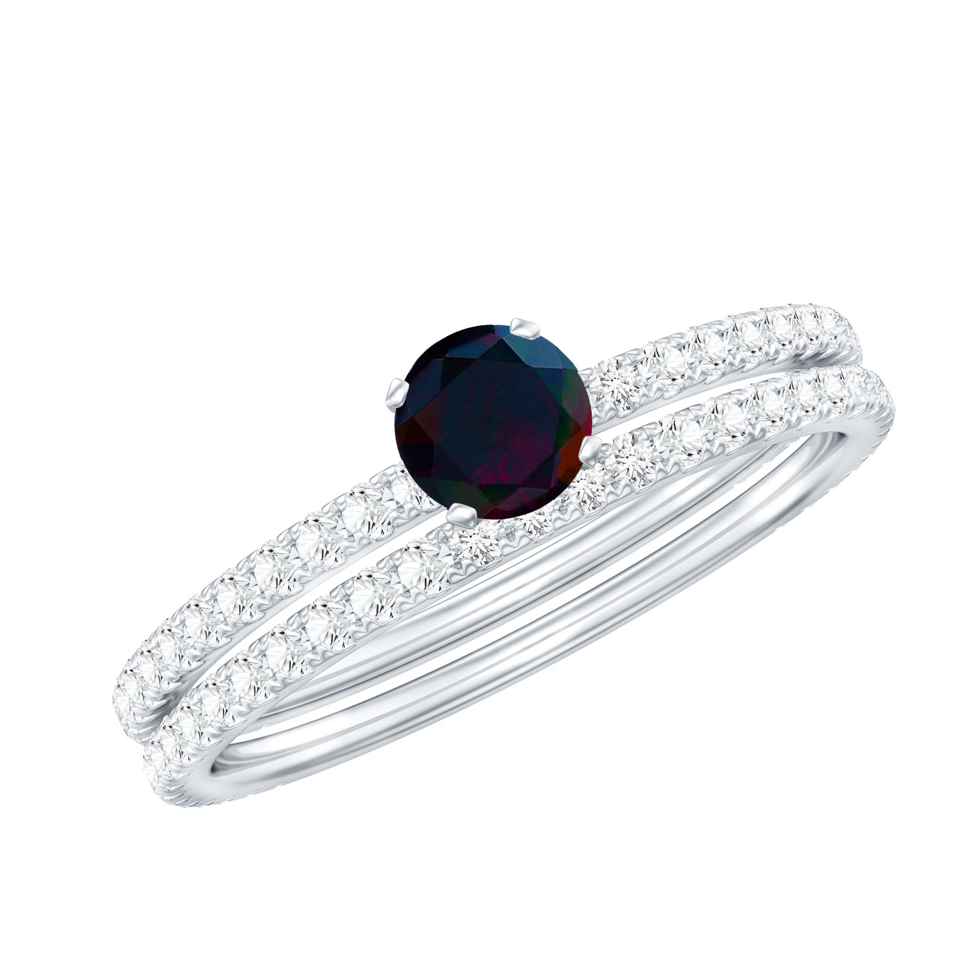 0.4 Carat Minimal Wedding Ring Set with Black Opal and Diamond AAA - Rosec Jewels