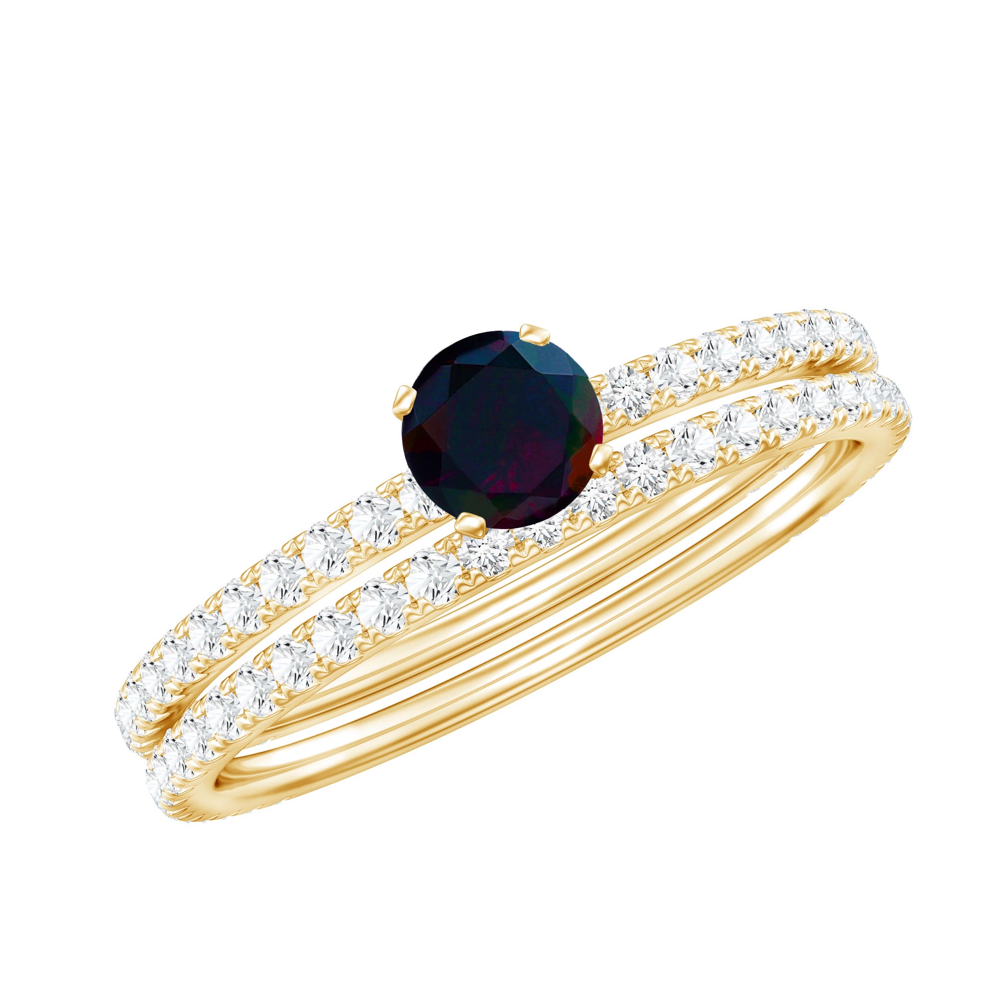 0.4 Carat Minimal Wedding Ring Set with Black Opal and Diamond AAA - Rosec Jewels