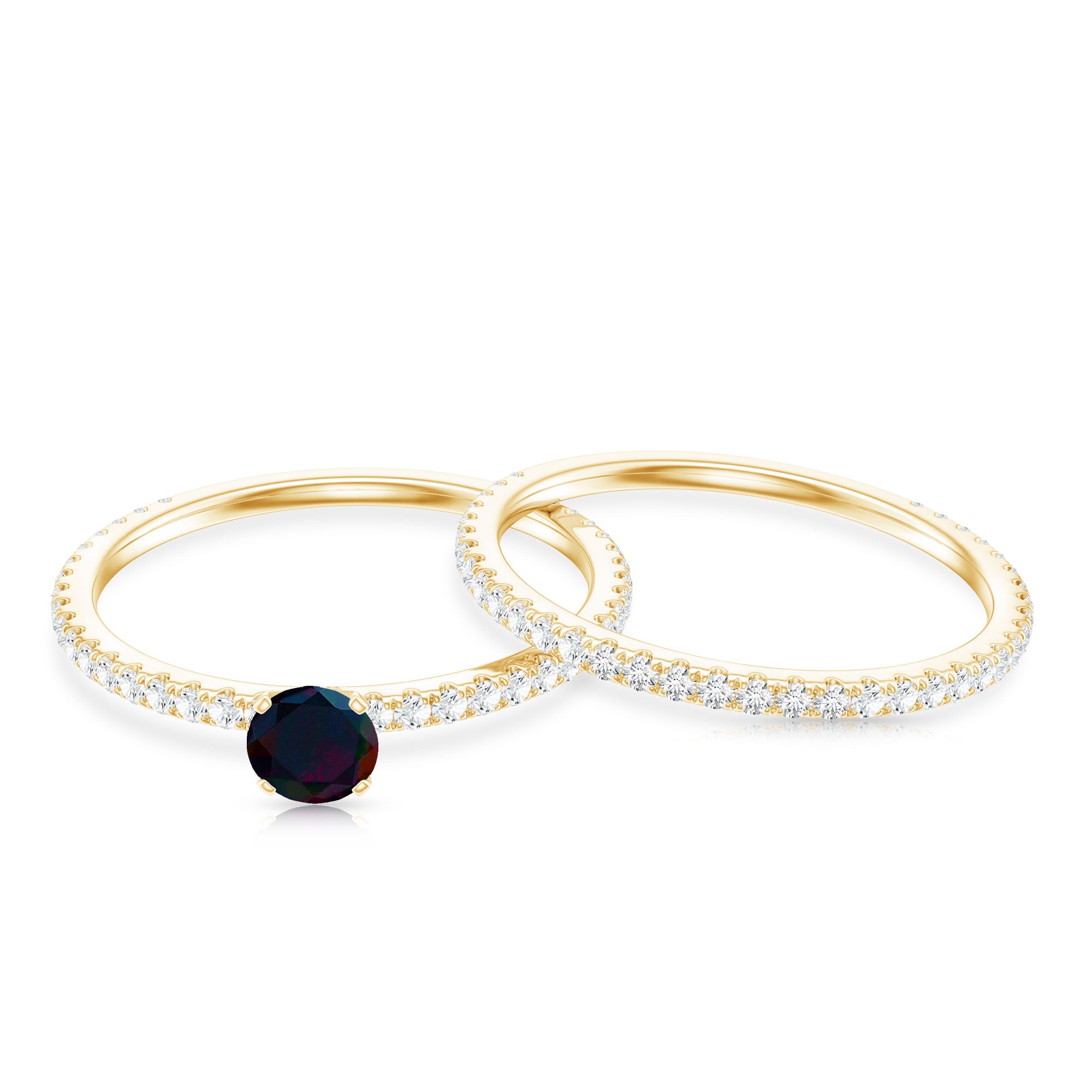 0.4 Carat Minimal Wedding Ring Set with Black Opal and Diamond AAA - Rosec Jewels