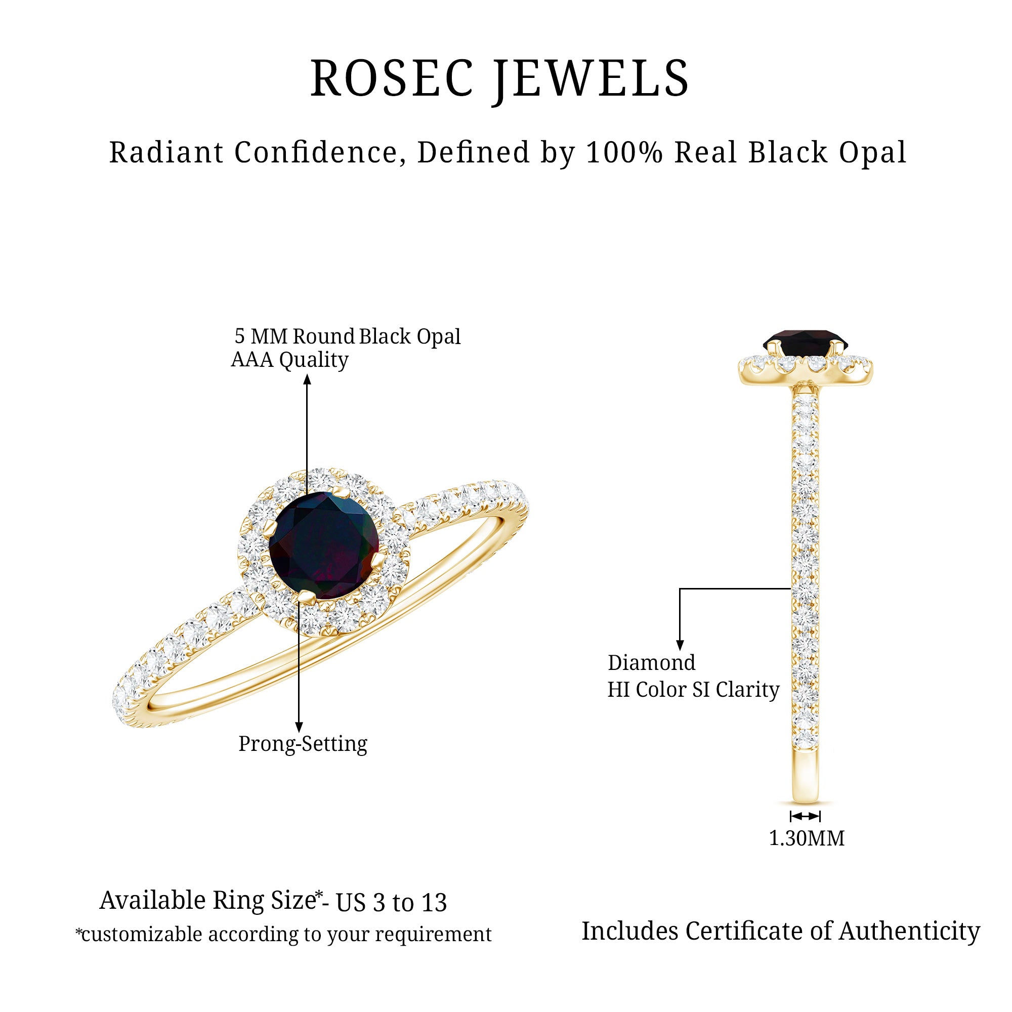 Genuine Black Opal Minimal Promise Ring with Diamond Halo AAA - Rosec Jewels