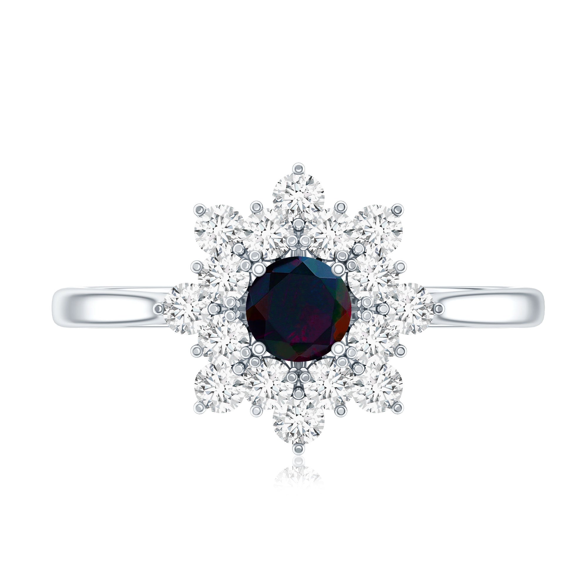 Black Opal and Diamond Flower Cluster Engagement Ring AAA - Rosec Jewels