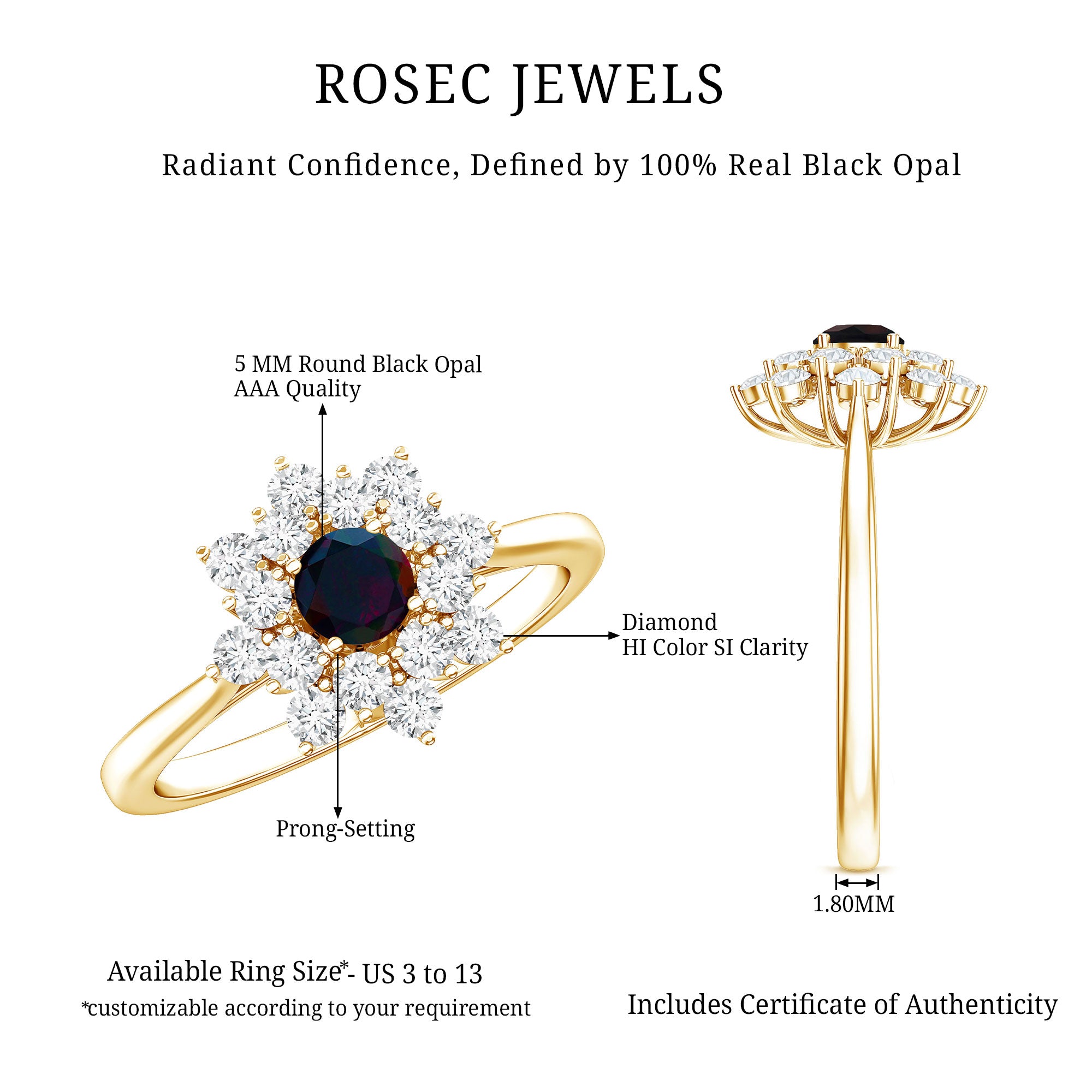 Black Opal and Diamond Flower Cluster Engagement Ring AAA - Rosec Jewels