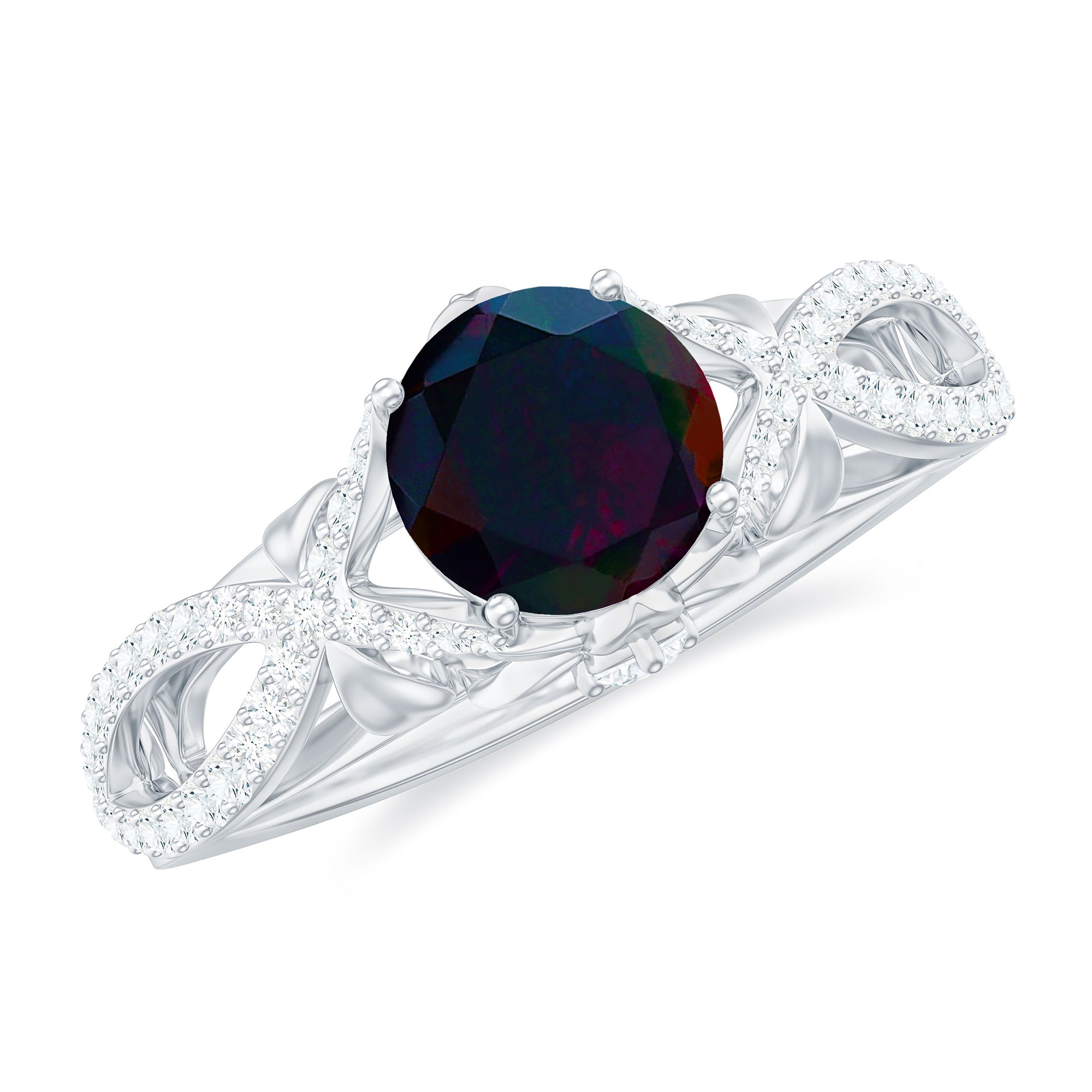 Natural Black Opal Crossover Engagement Ring with Diamond