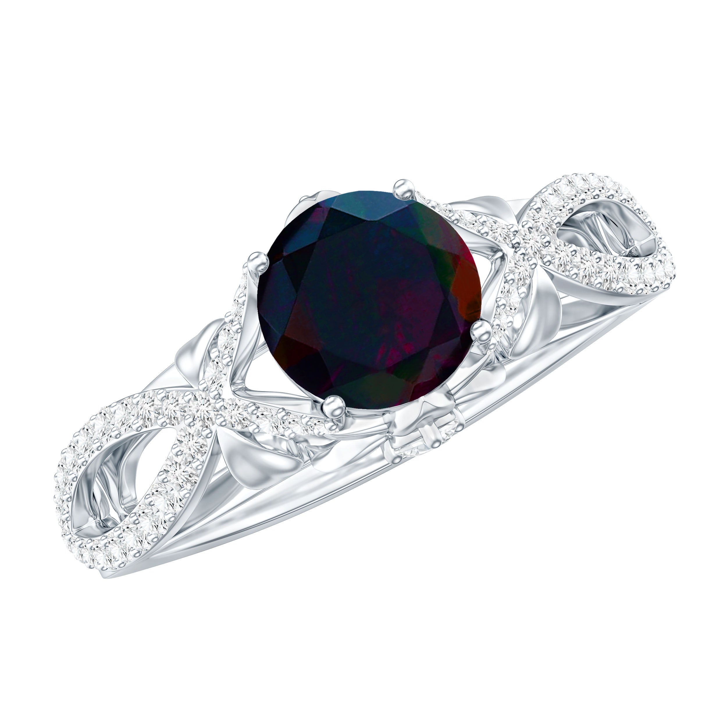 Natural Black Opal Crossover Engagement Ring with Diamond AAA - Rosec Jewels