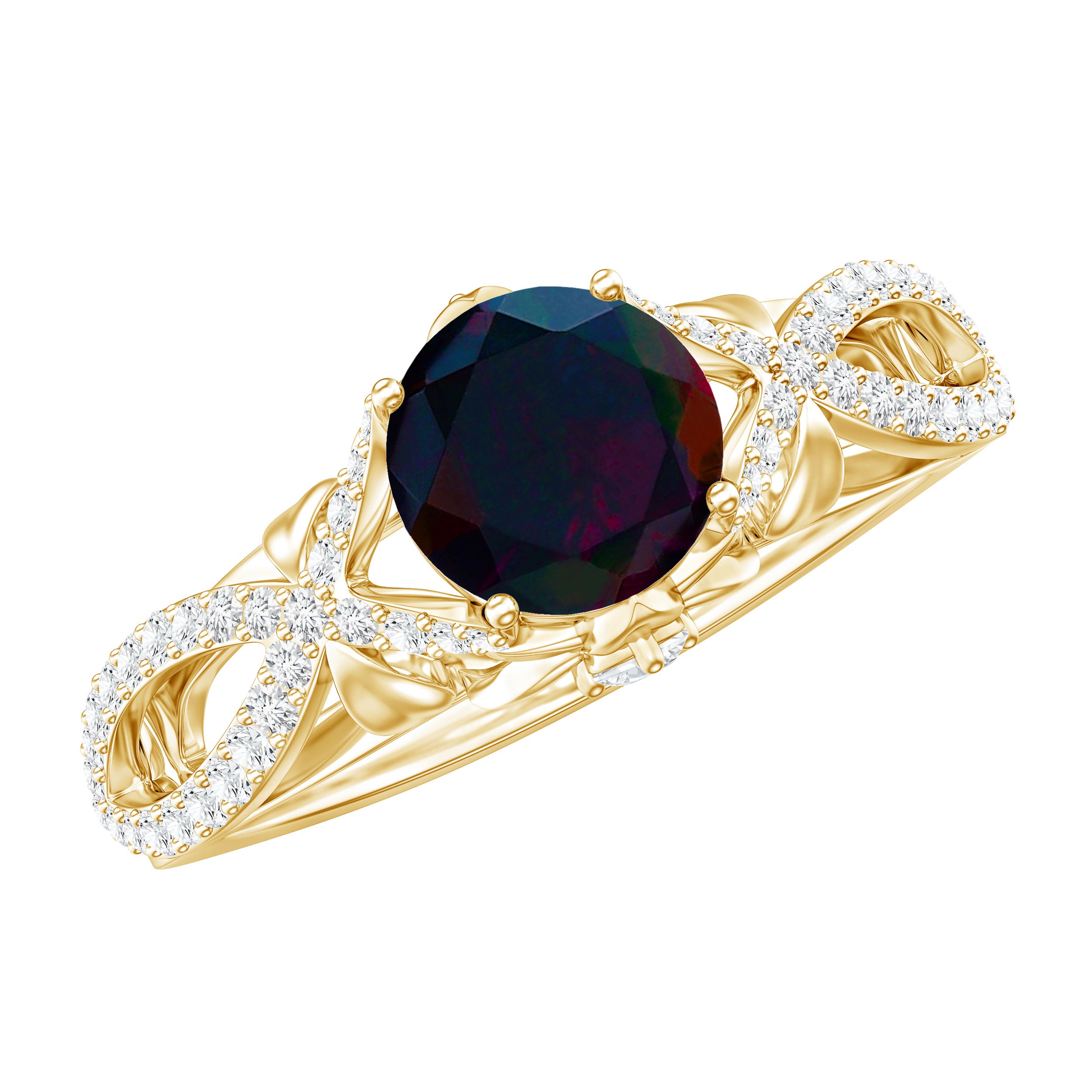 Natural Black Opal Crossover Engagement Ring with Diamond AAA - Rosec Jewels