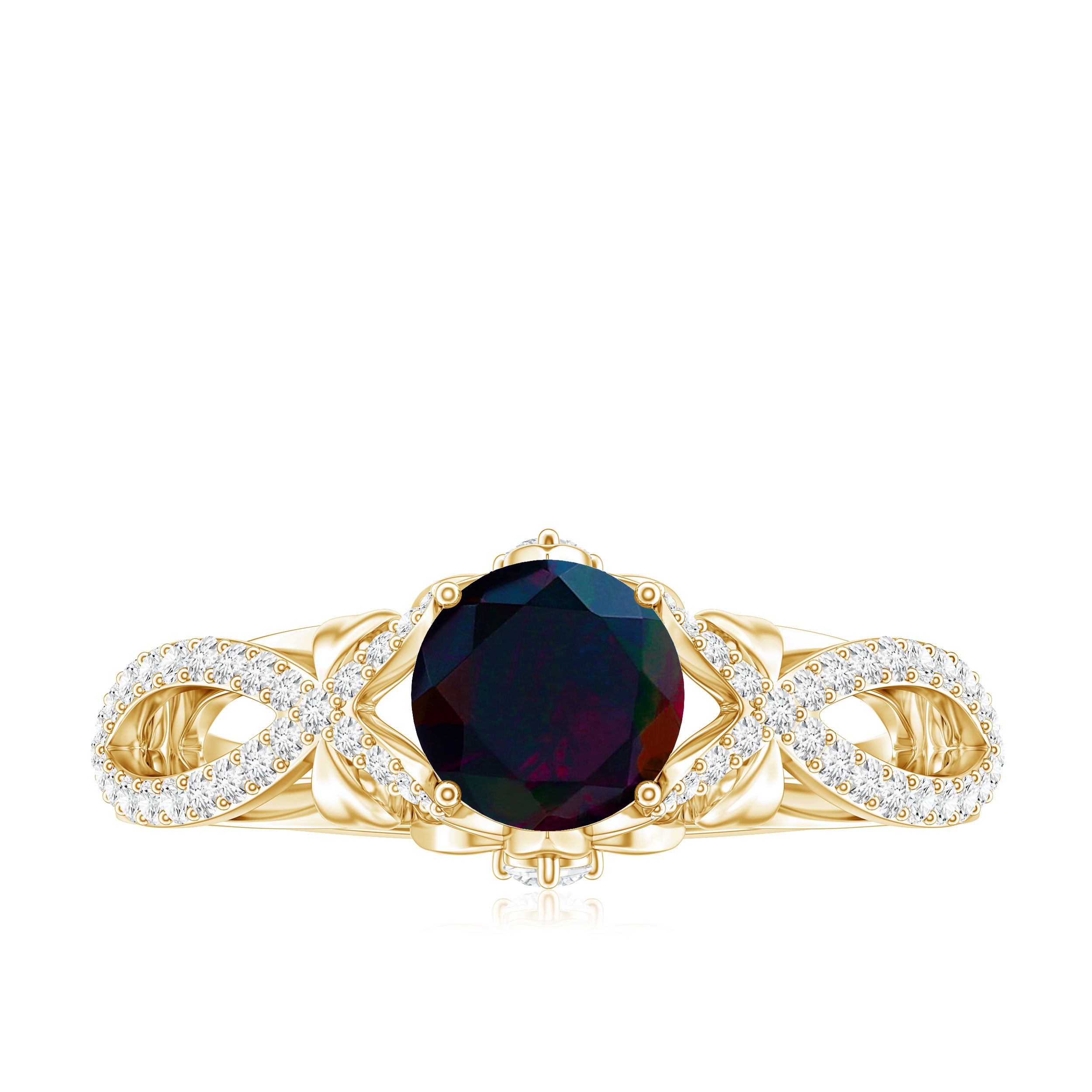 Natural Black Opal Crossover Engagement Ring with Diamond AAA - Rosec Jewels