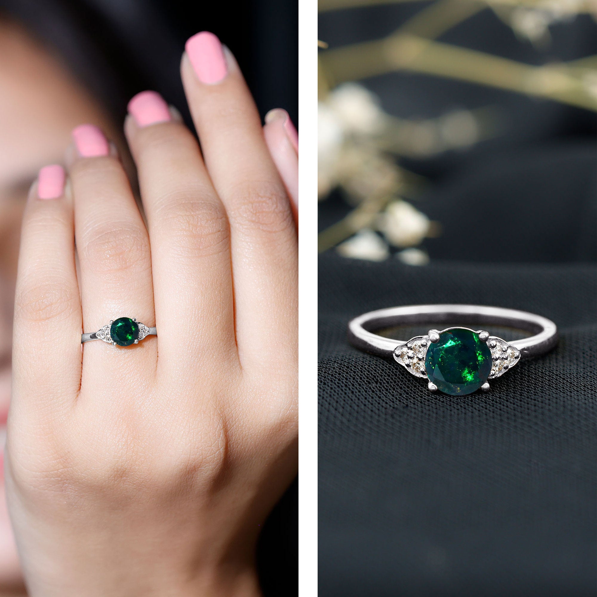Real Black Opal Round Engagement Ring with Diamond Trio AAA - Rosec Jewels