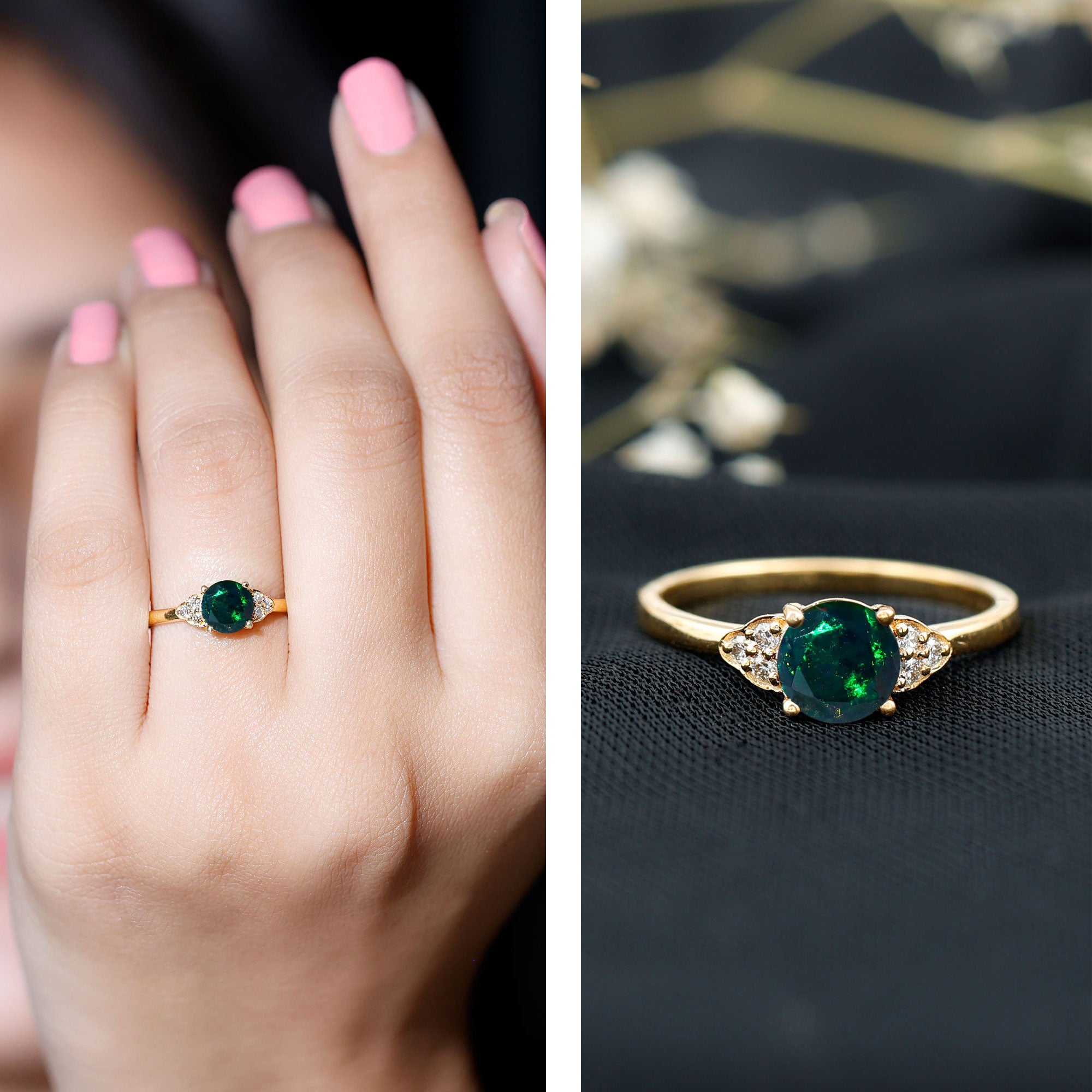 Real Black Opal Round Engagement Ring with Diamond Trio AAA - Rosec Jewels
