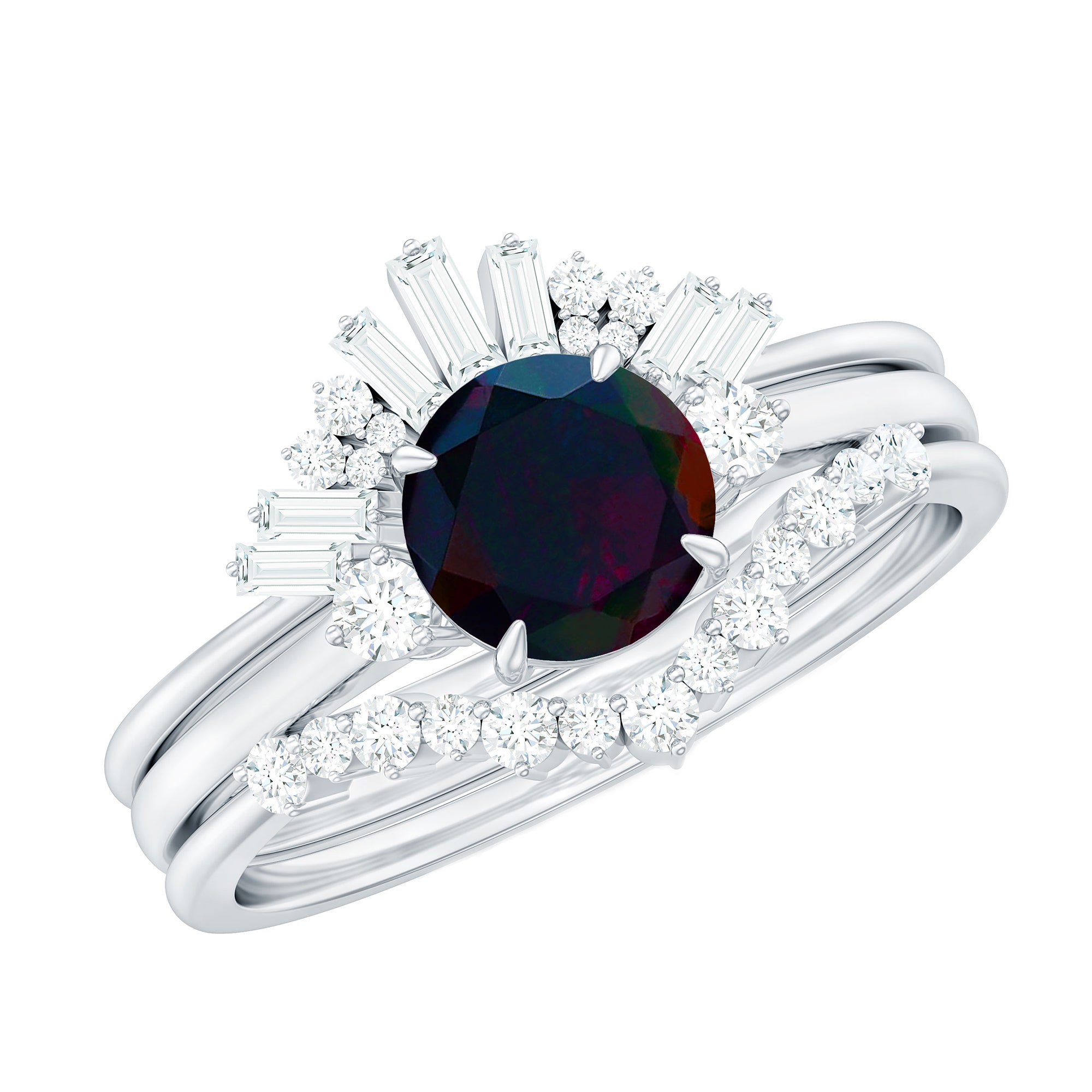 Black Opal Designer Trio Wedding Ring Set with Diamond