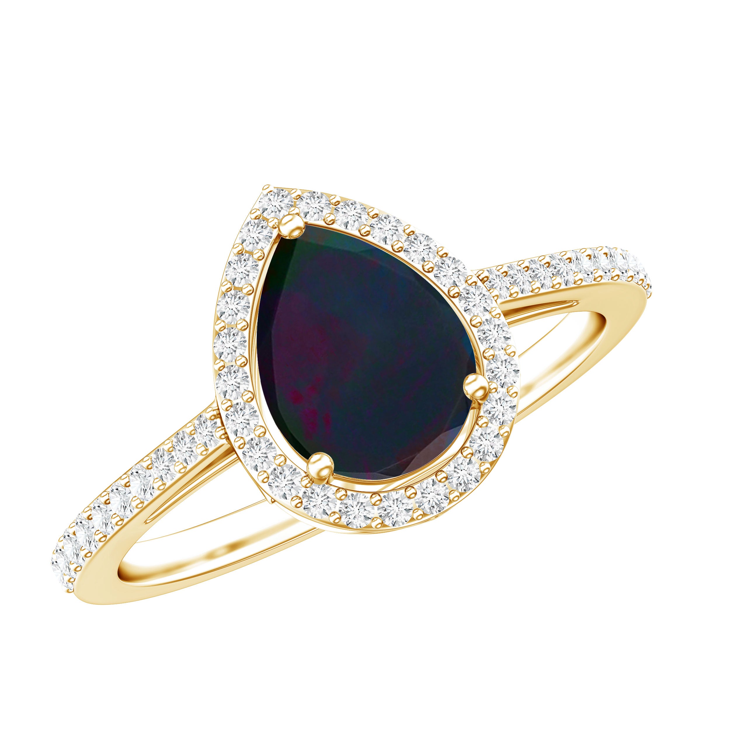 Pear Shape 1 CT Black Opal Engagement Ring with Diamond Halo AAA - Rosec Jewels