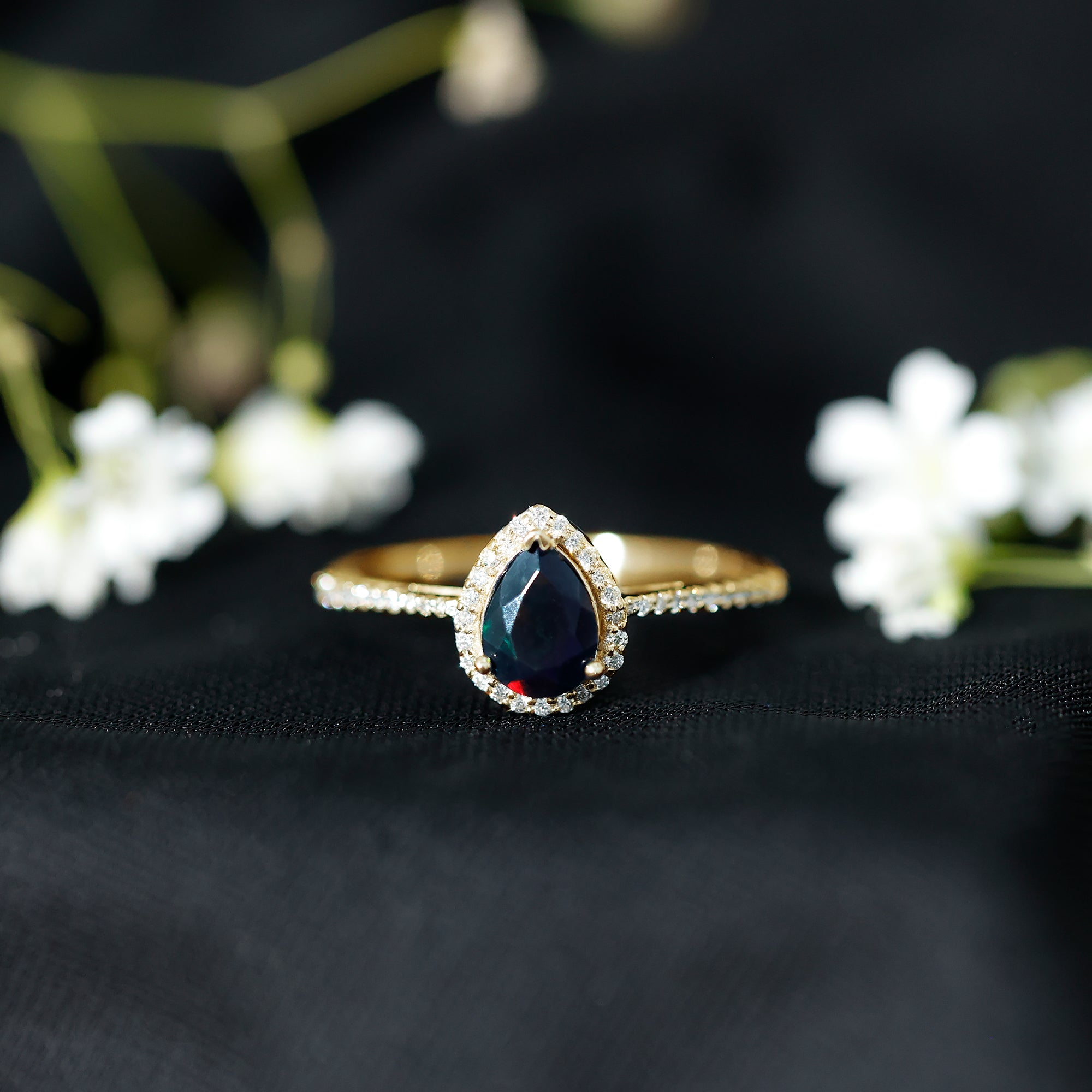 Pear Shape 1 CT Black Opal Engagement Ring with Diamond Halo AAA - Rosec Jewels