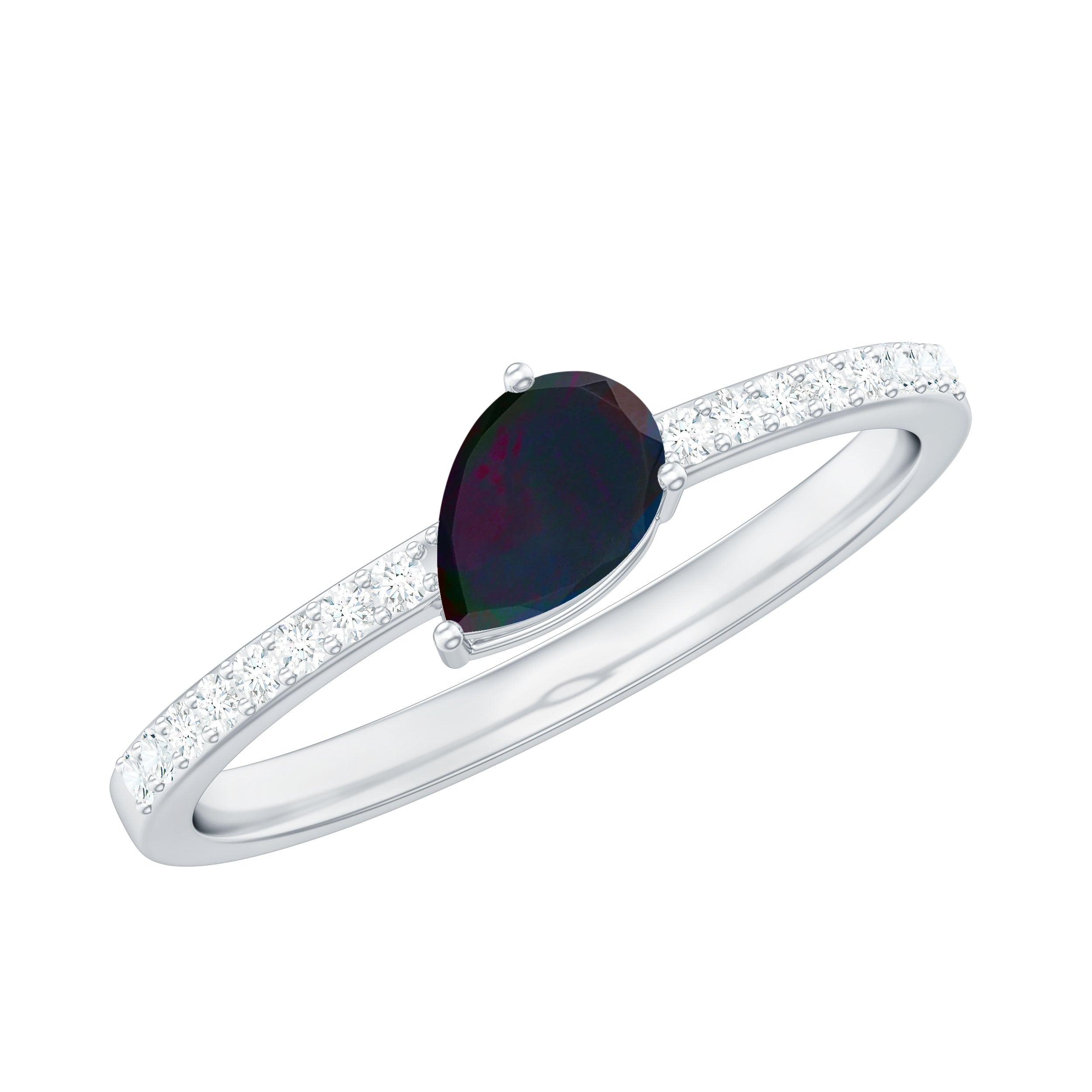 Pear Shape Black Opal Promise Ring with Diamond Side Stones