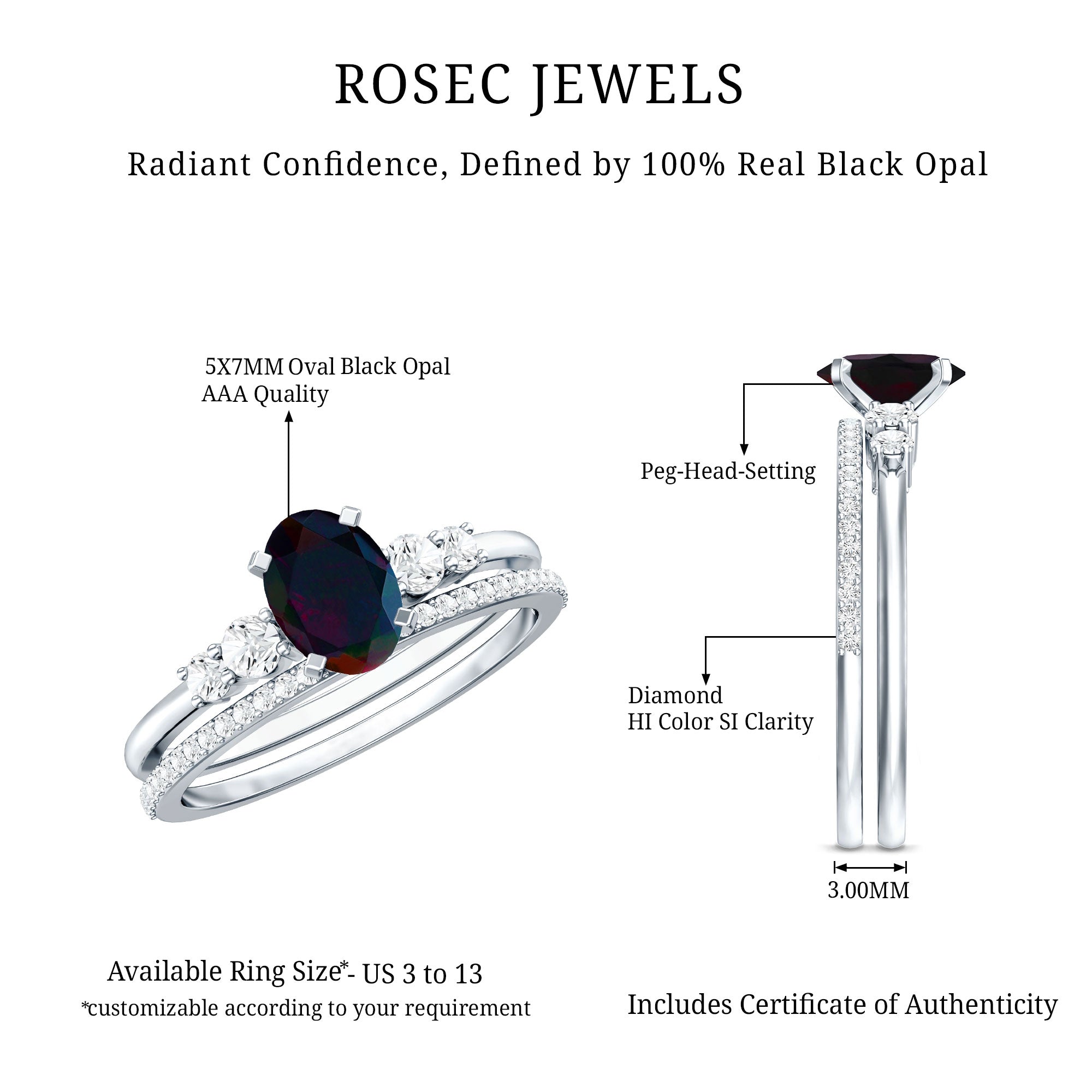 1 CT Black Opal and Diamond Oval Wedding Ring Set AAA - Rosec Jewels