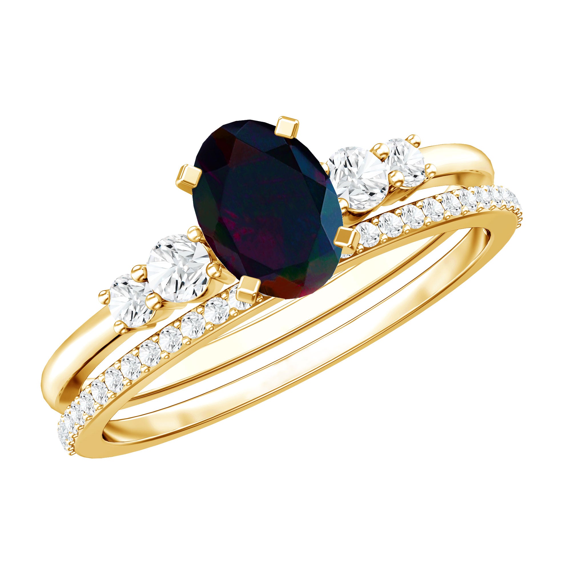 1 CT Black Opal and Diamond Oval Wedding Ring Set AAA - Rosec Jewels