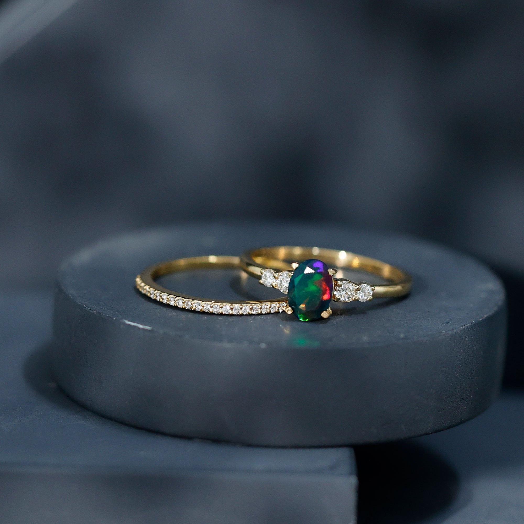 1 CT Black Opal and Diamond Oval Wedding Ring Set AAA - Rosec Jewels