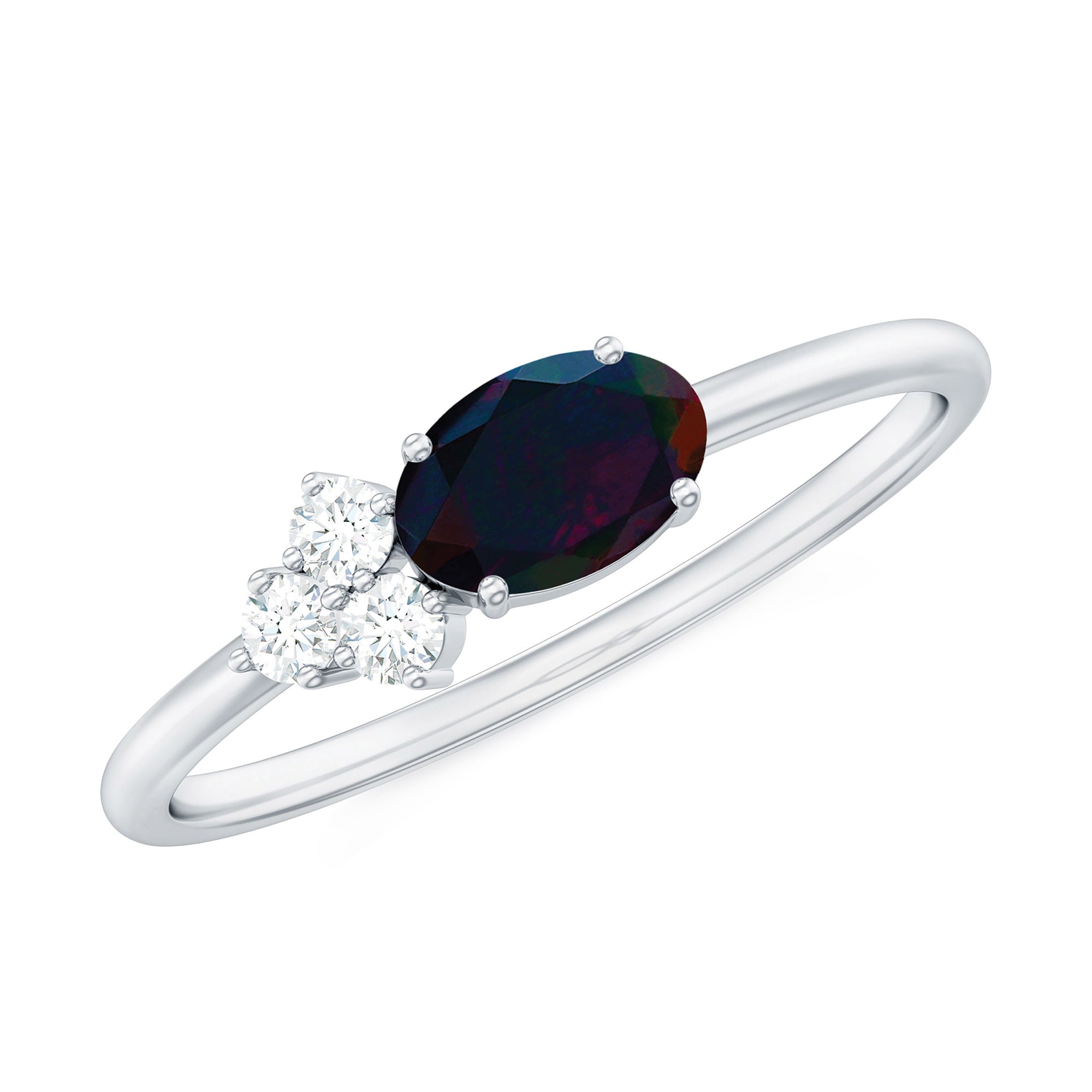 Oval Black Opal East West Ring with Diamond Trio