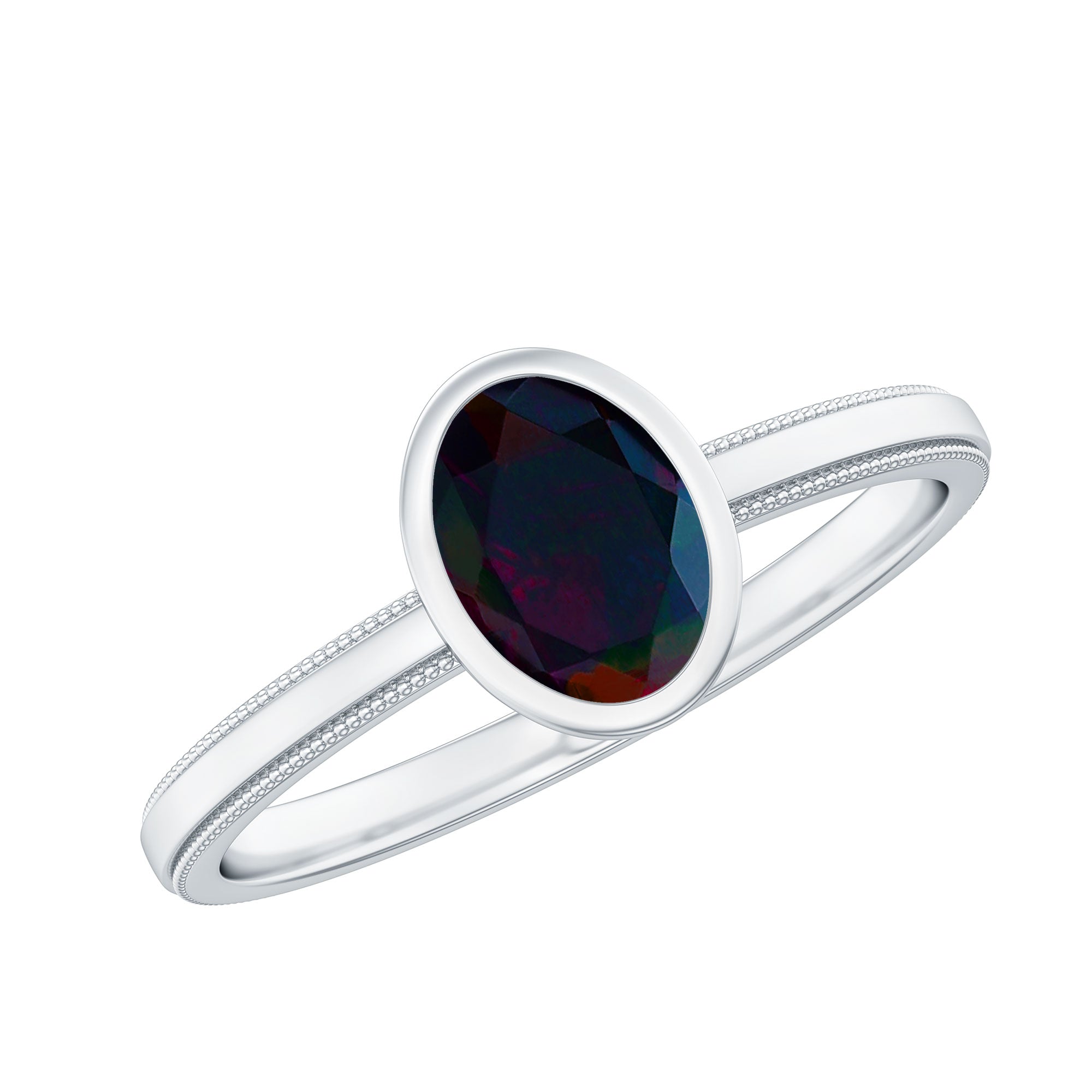 Oval Cut 5X7MM Black Opal Bezel Set Engagement Ring