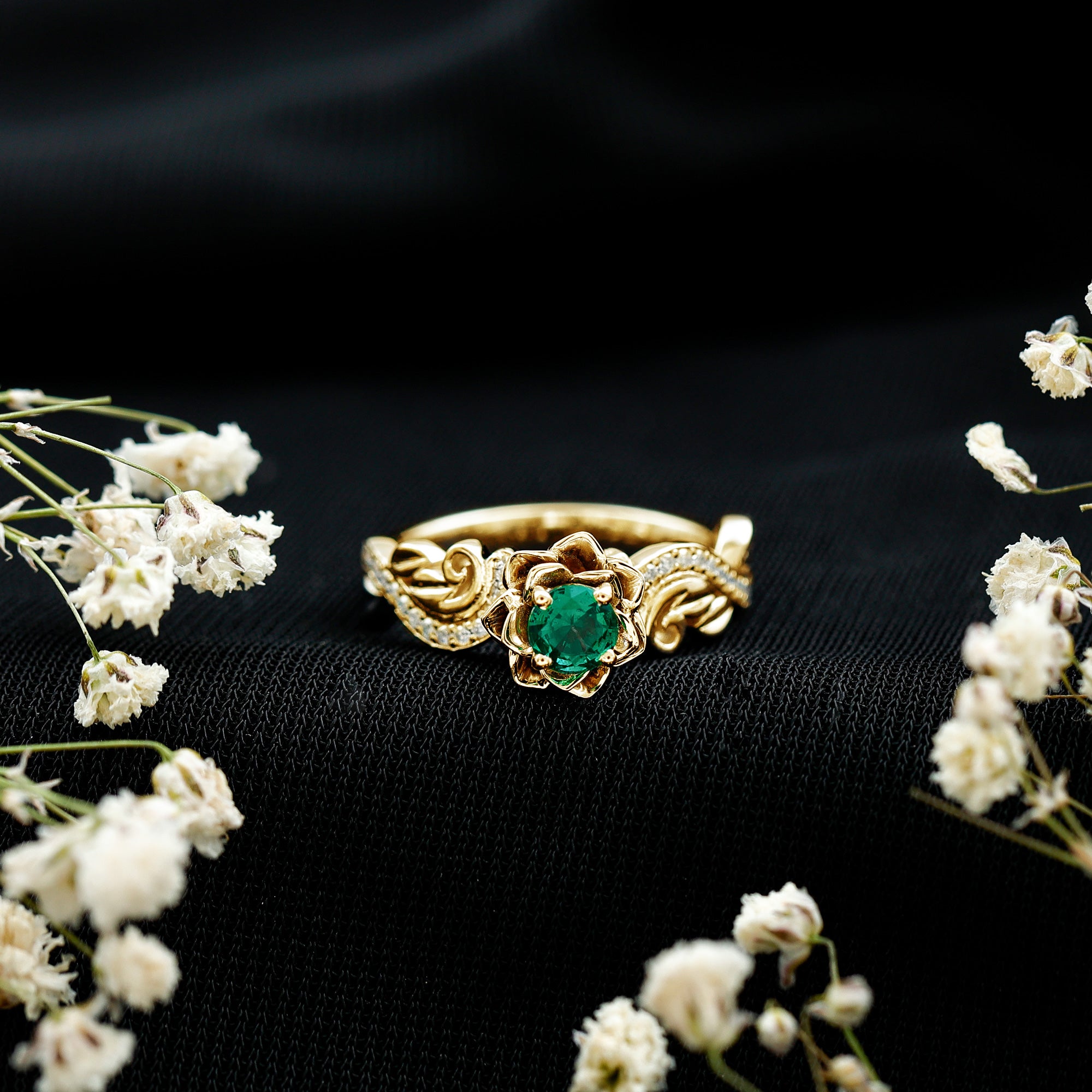 Lab Grown Emerald Diamond Flower Engagement Ring with Certificate AAAA - Rosec Jewels