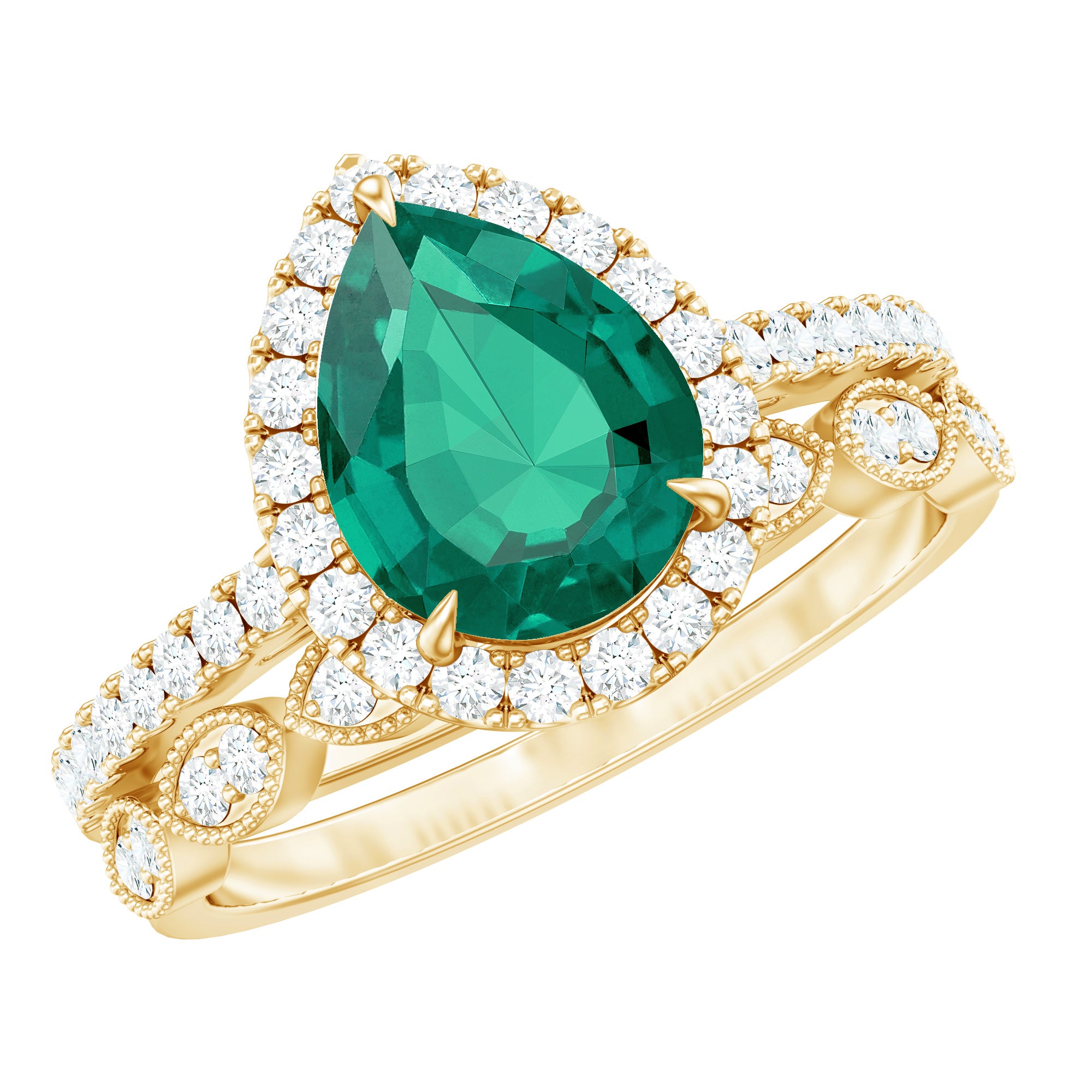 Designer Lab Grown Emerald Diamond Teardrop Engagement Ring with Wedding Band AAAA - Rosec Jewels