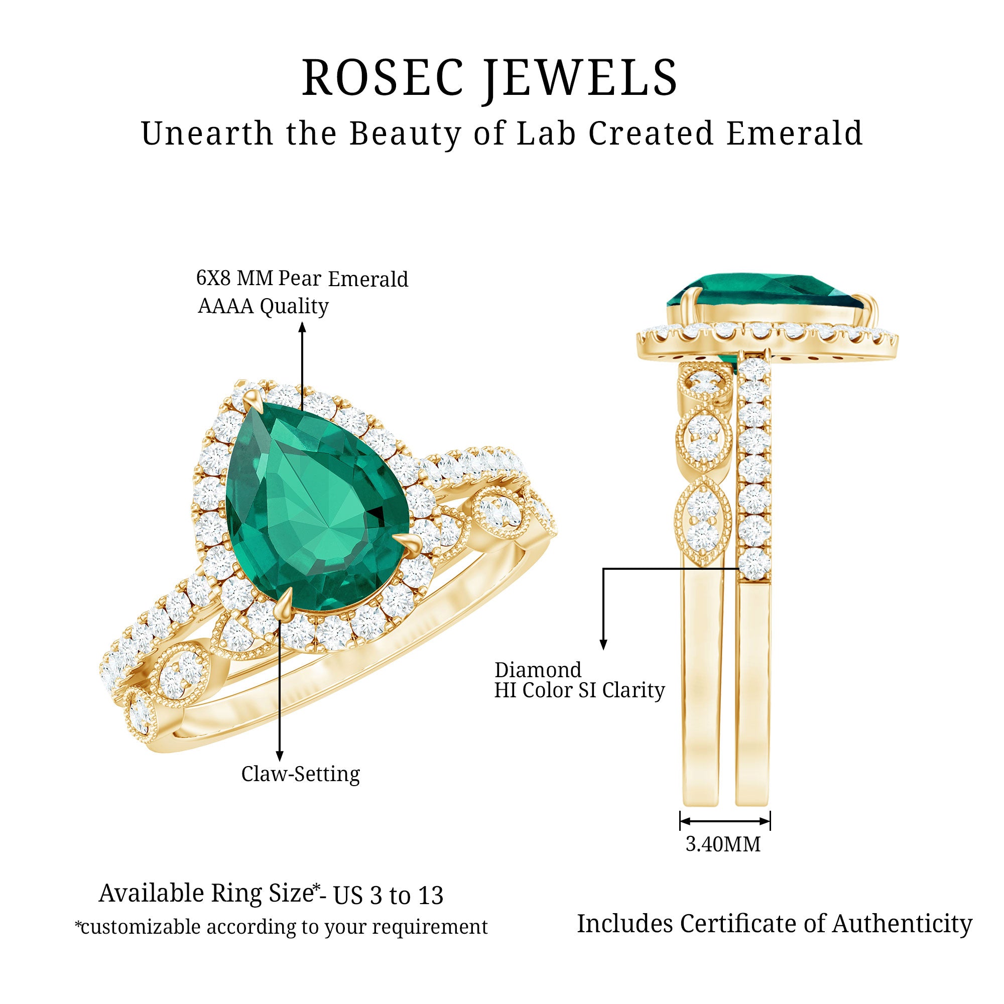 Designer Lab Grown Emerald Diamond Teardrop Engagement Ring with Wedding Band AAAA - Rosec Jewels
