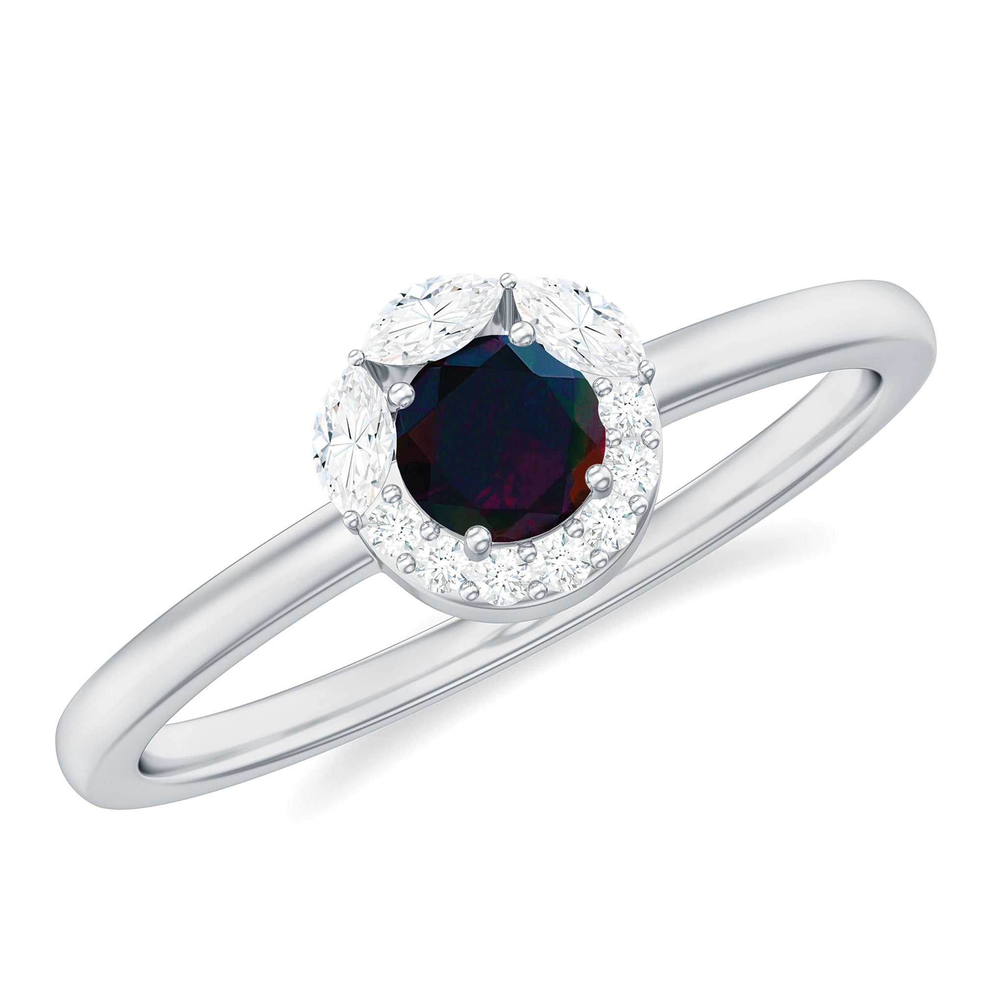 Minimal Black Opal and Diamond Halo Promise Ring