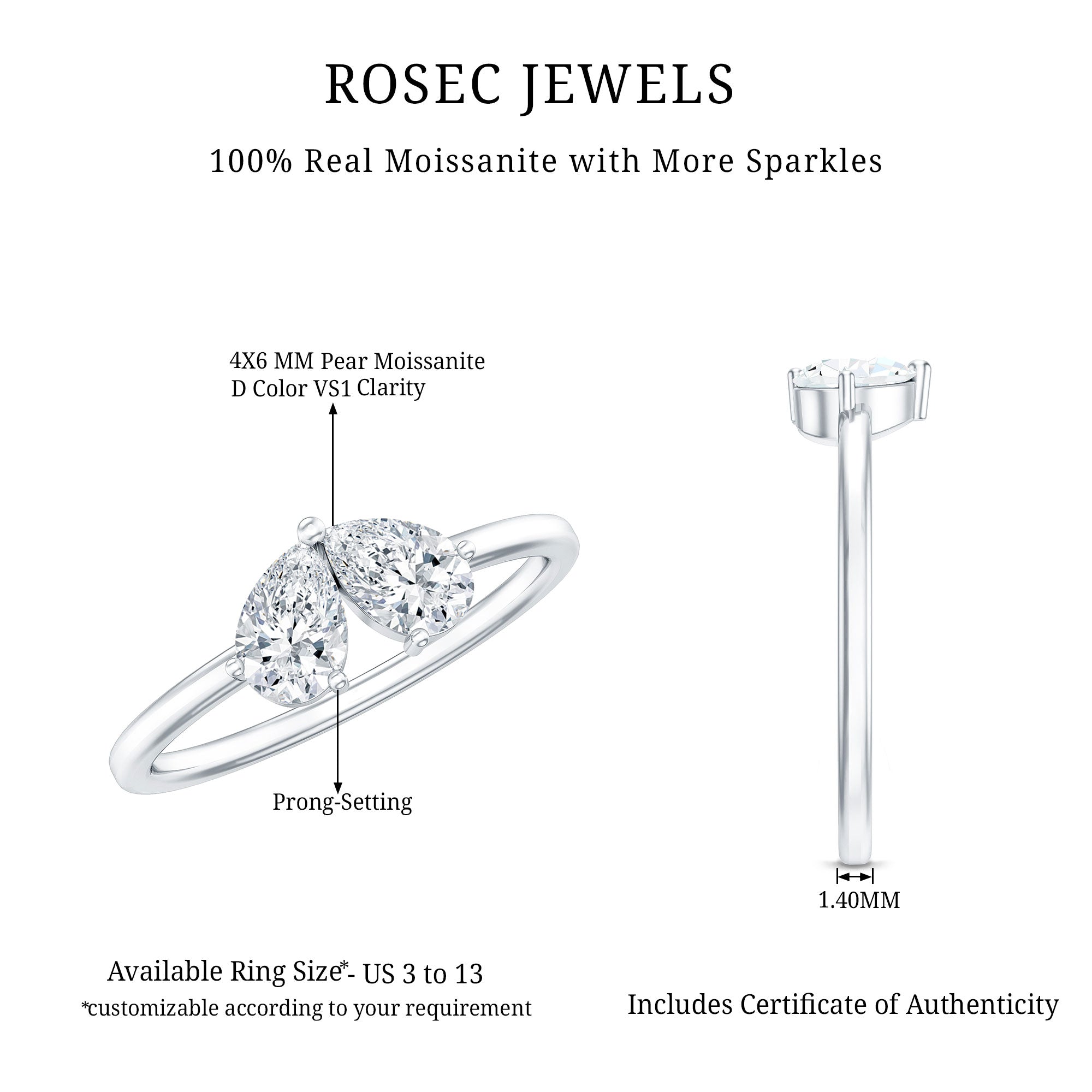 Moissanite Two Stone Promise Engagement Ring D-VS1 - Rosec Jewels