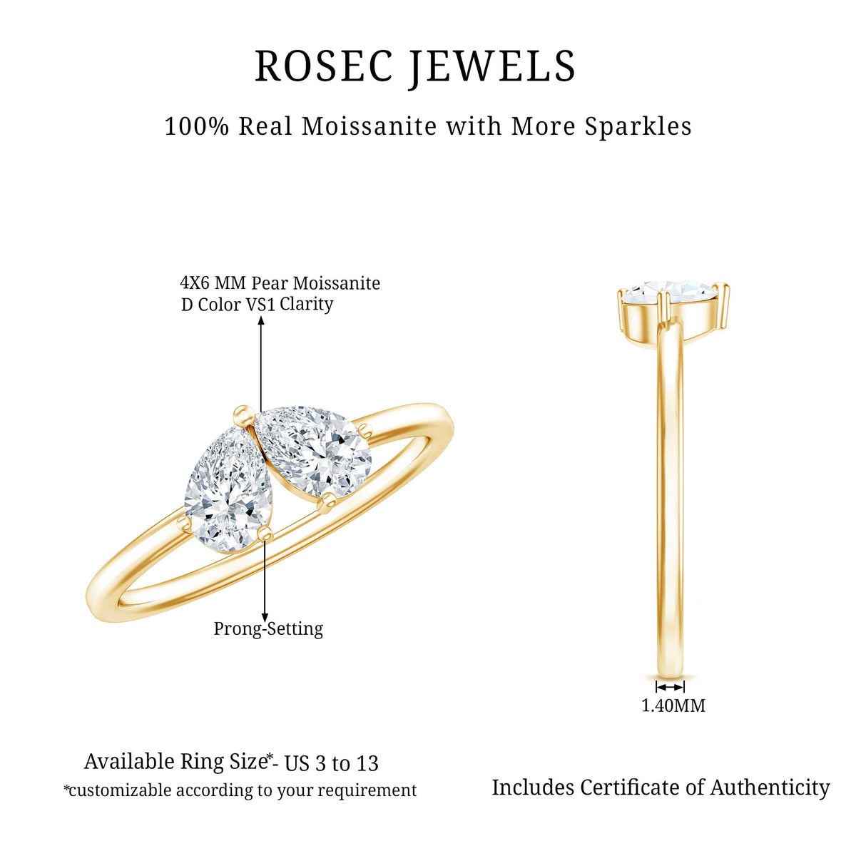 Moissanite Two Stone Promise Engagement Ring D-VS1 - Rosec Jewels