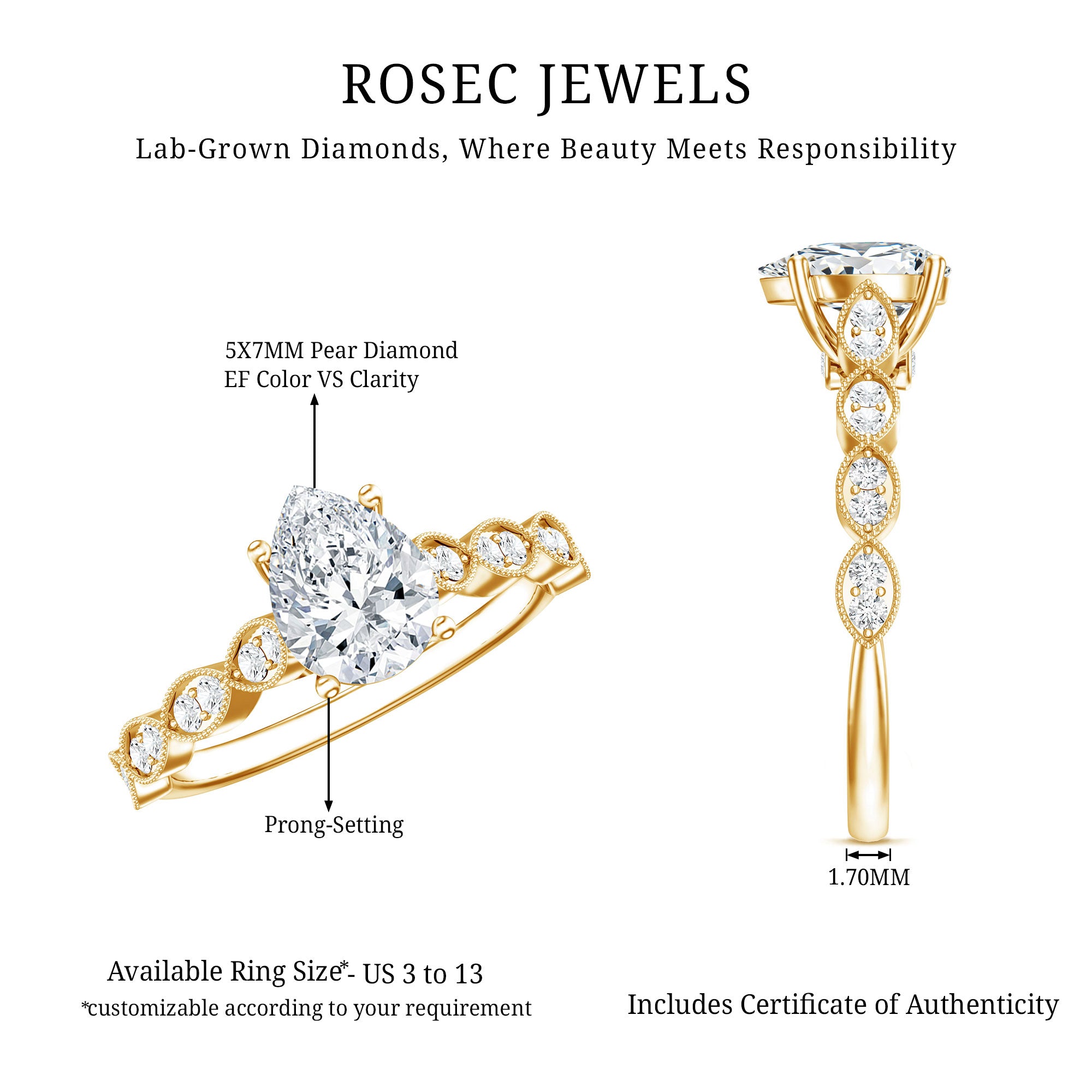 Pear Shape Lab Grown Diamond Scalloped Solitaire Ring Lab - ( EF-VS ) - Rosec Jewels