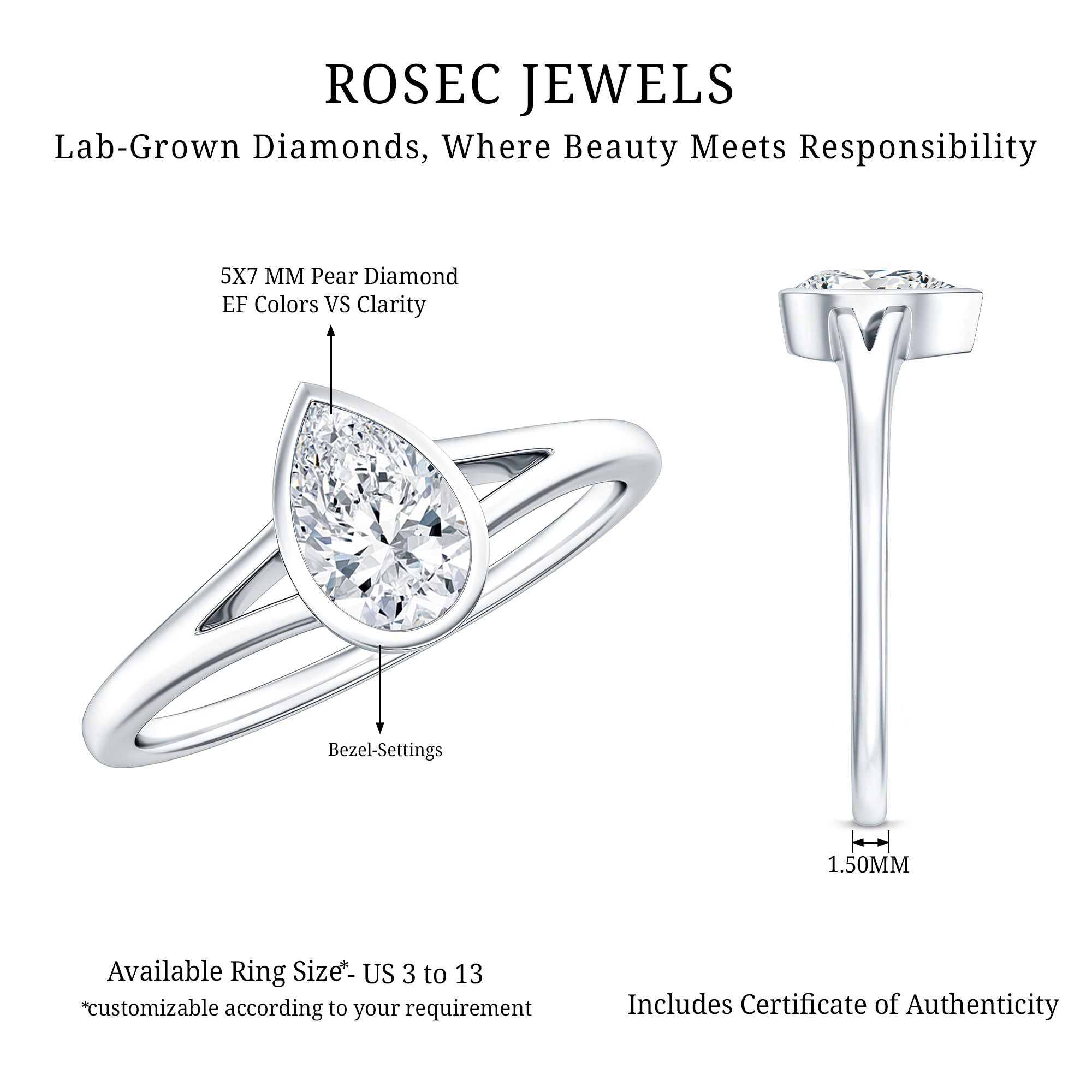Pear Cut Lab Grown Diamond Solitaire Ring in Split Shank Lab - ( EF-VS ) - Rosec Jewels