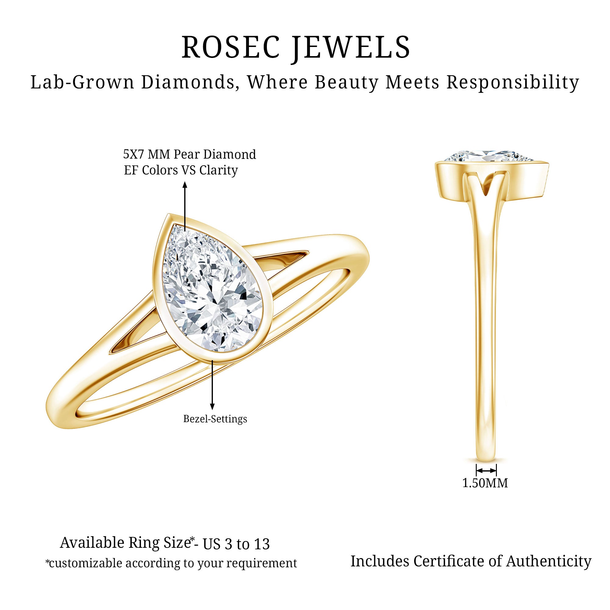 Pear Cut Lab Grown Diamond Solitaire Ring in Split Shank Lab - ( EF-VS ) - Rosec Jewels