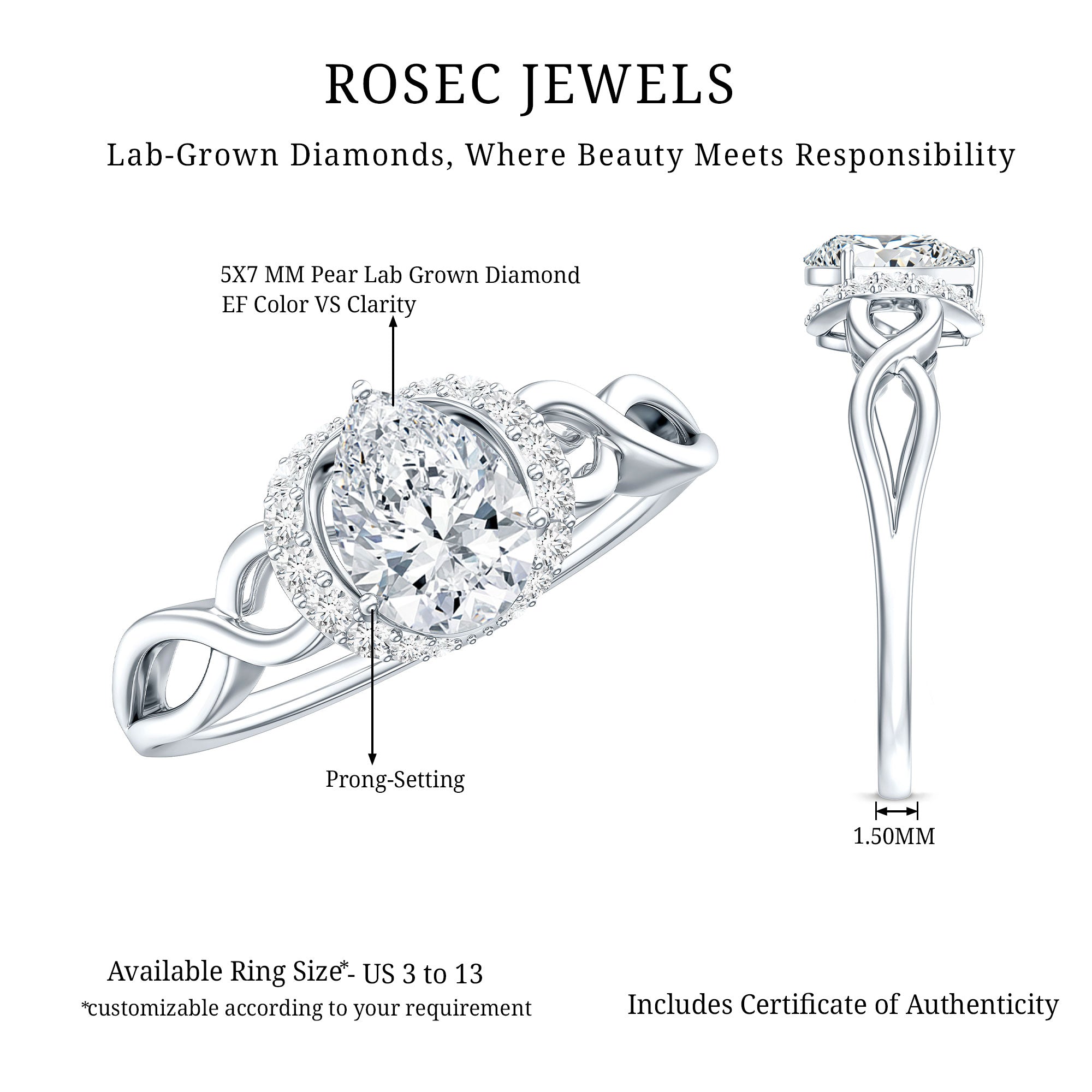 Lab Grown Diamond Collar Engagement Ring in Infinity Shank Lab - ( EF-VS ) - Rosec Jewels