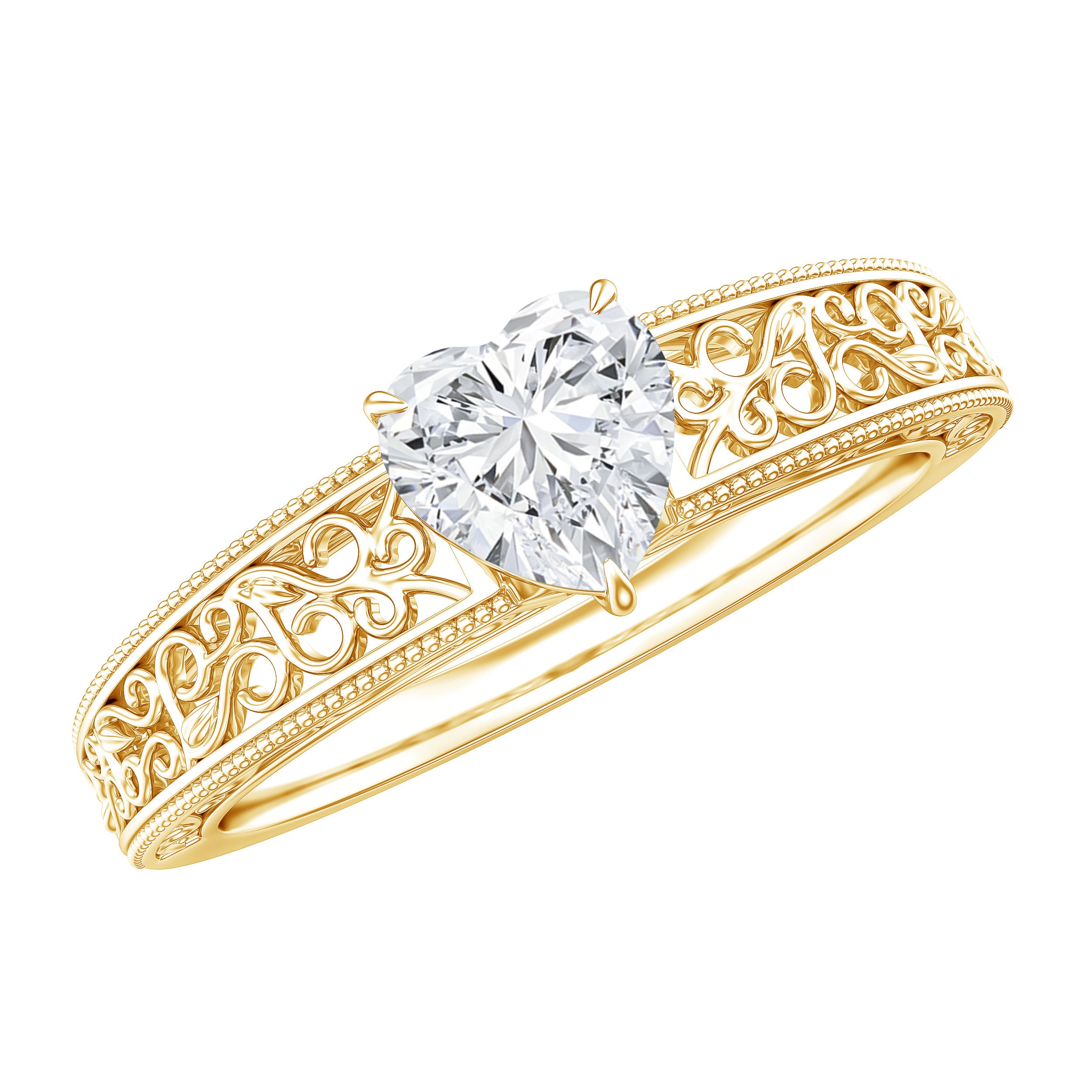 Vintage Inspired Heart Shape Lab Grown Diamond Solitaire Filigree Ring Lab - ( EF-VS ) - Rosec Jewels