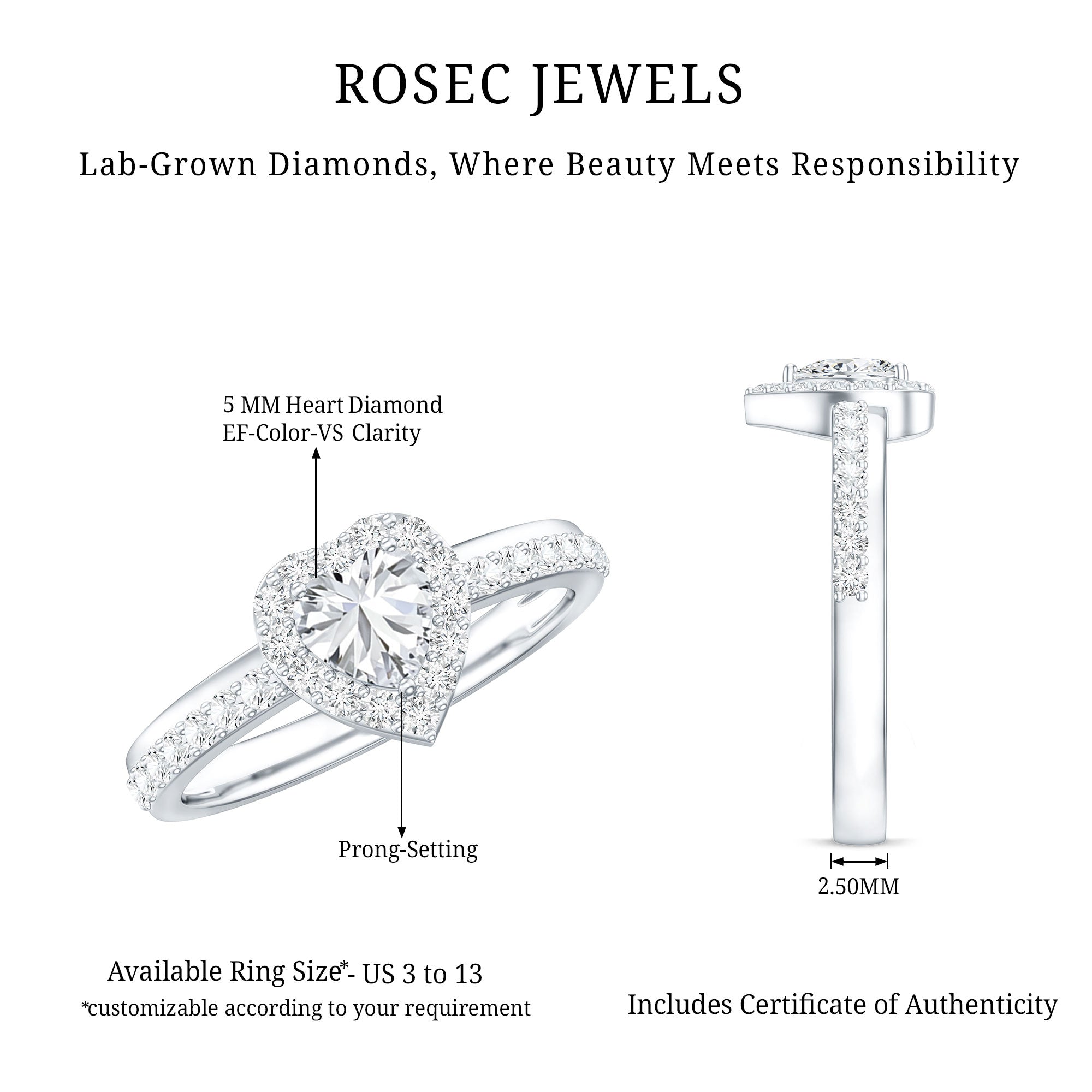 Heart Shape Lab Grown Diamond Engagement Ring with Halo Lab - ( EF-VS ) - Rosec Jewels