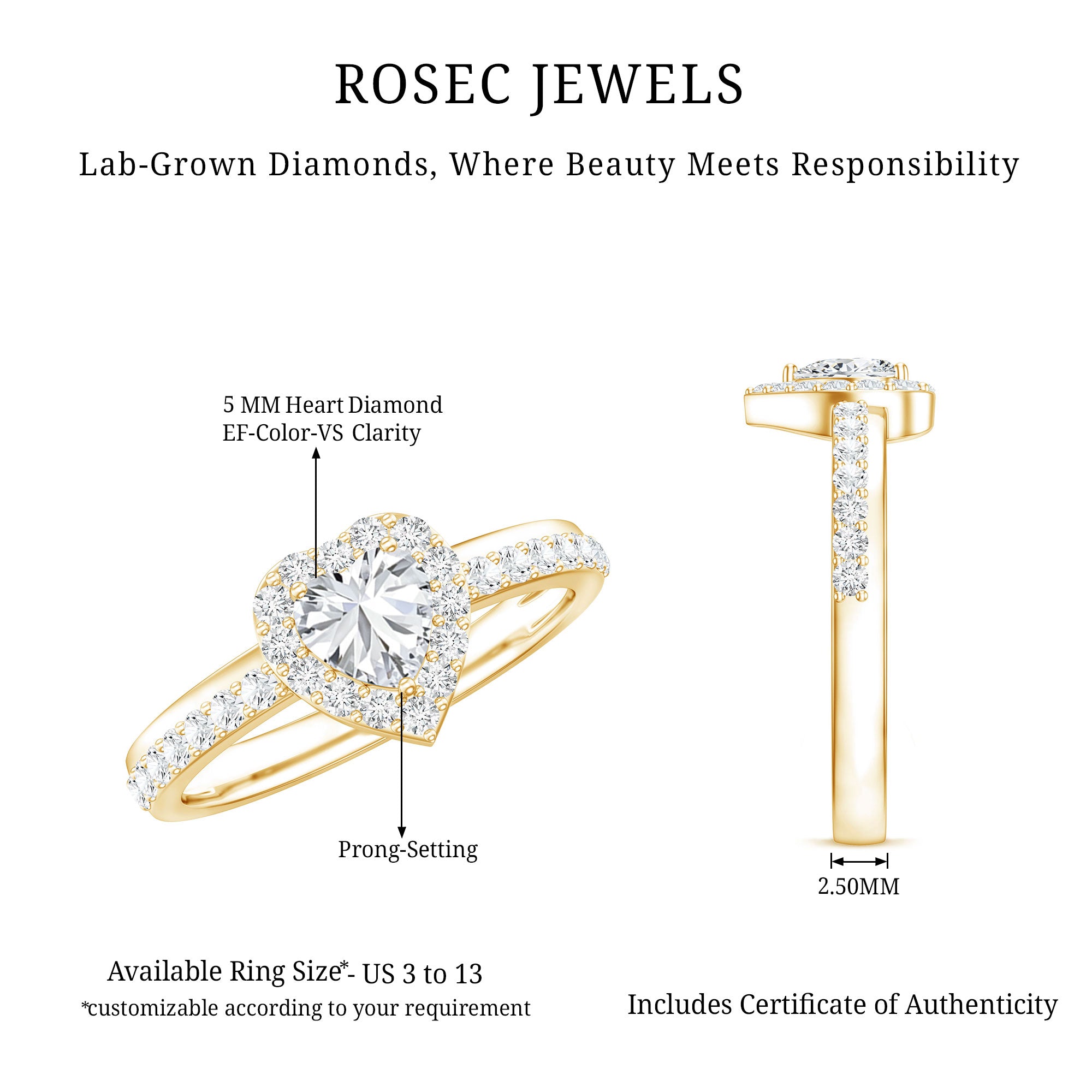 Heart Shape Lab Grown Diamond Engagement Ring with Halo Lab - ( EF-VS ) - Rosec Jewels