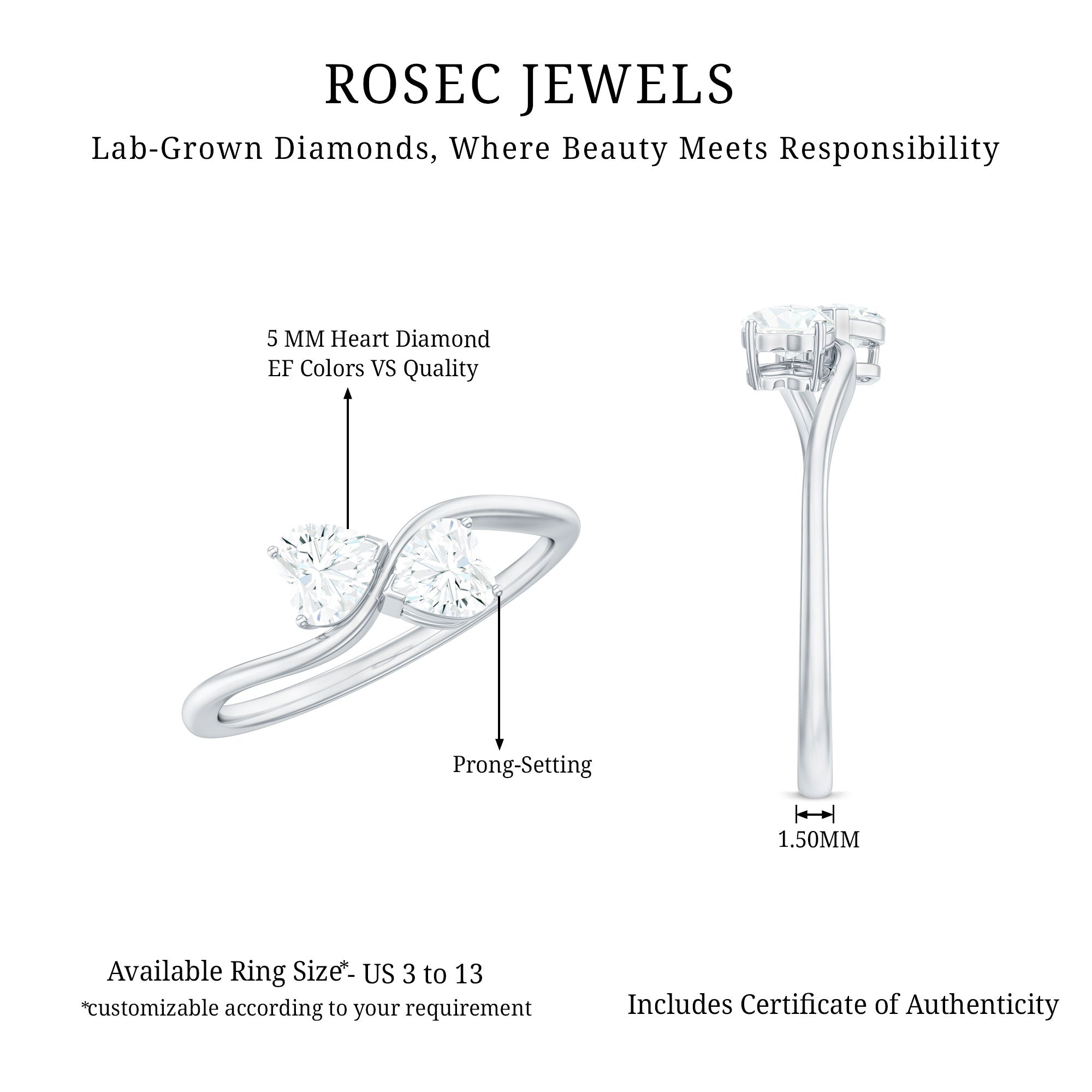 Heart Shape Lab Grown Diamond Toi Et Moi Promise Ring Lab - ( EF-VS ) - Rosec Jewels