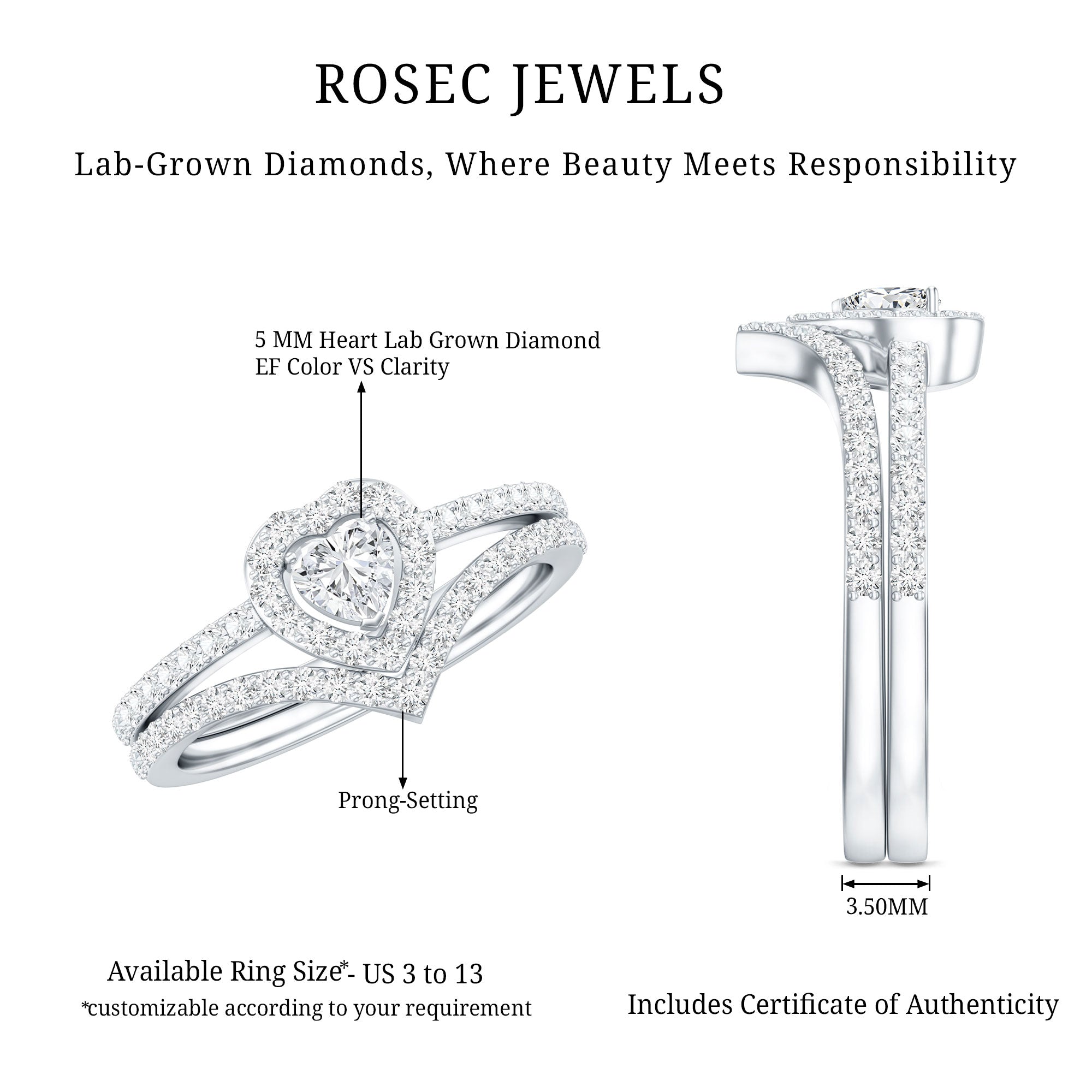 Heart Shape Lab Grown Diamond Bridal Ring Set Lab - ( EF-VS ) - Rosec Jewels