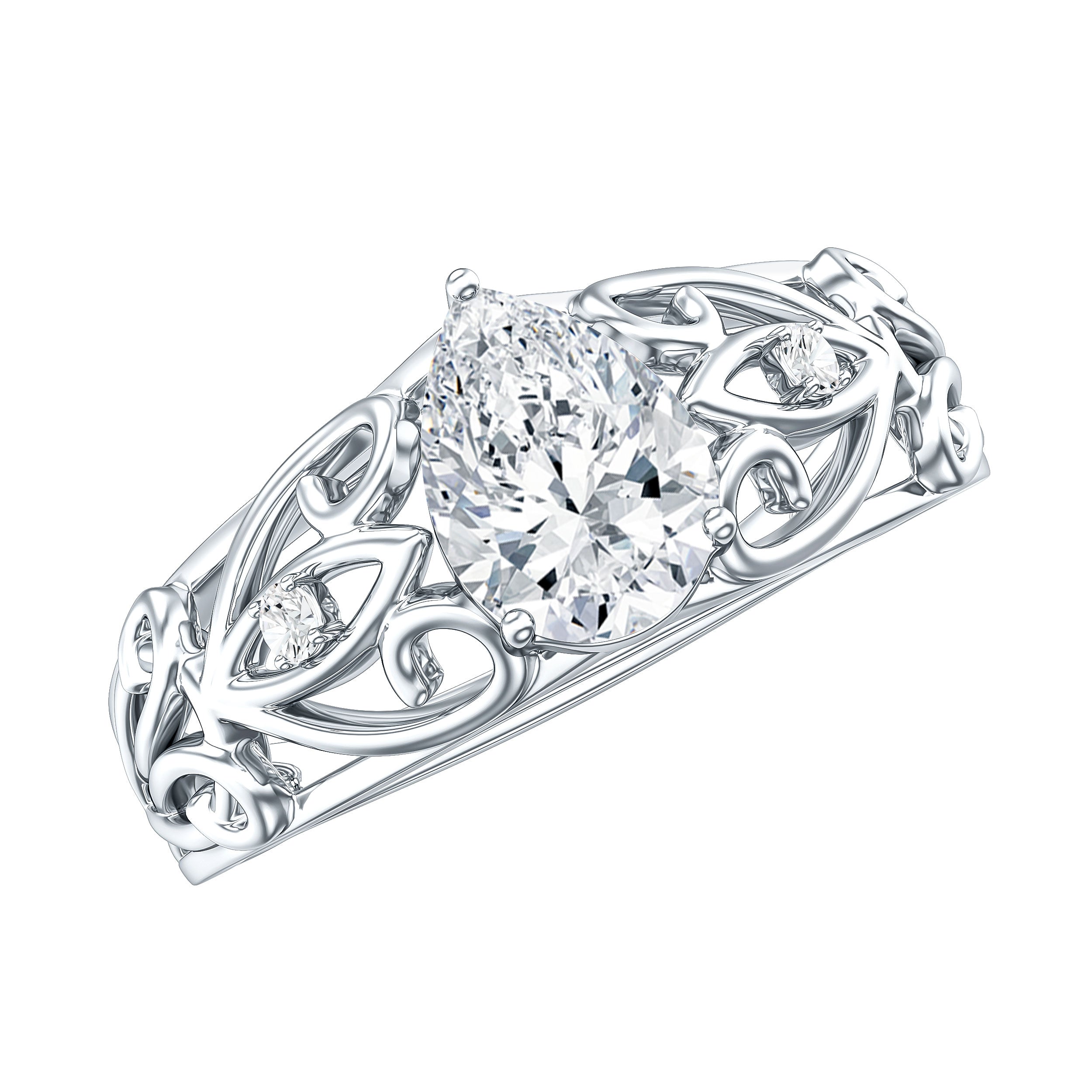 Pear Shaped Lab Created Diamond Solitaire Filigree Ring Lab - ( EF-VS ) - Rosec Jewels