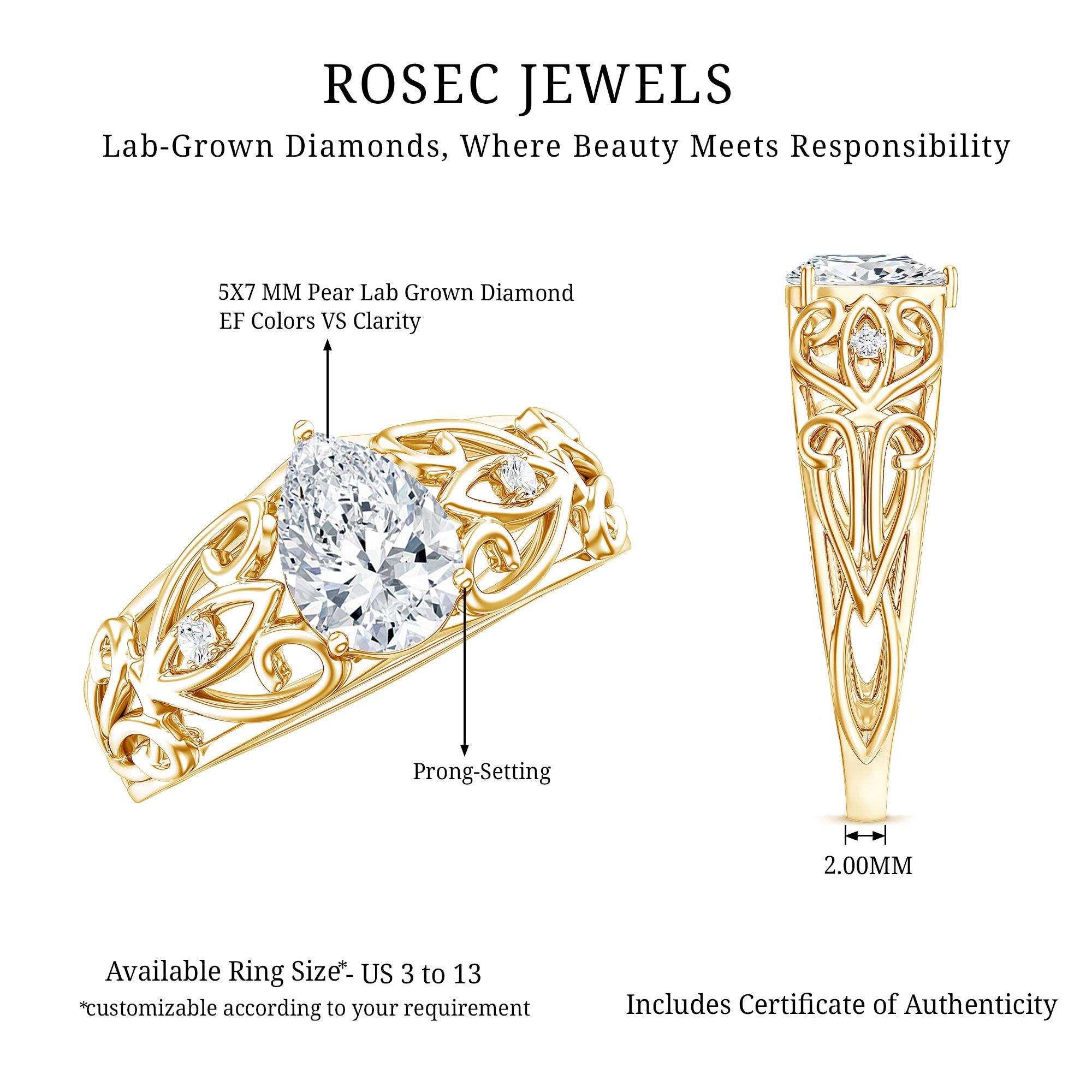 Pear Shaped Lab Created Diamond Solitaire Filigree Ring Lab - ( EF-VS ) - Rosec Jewels