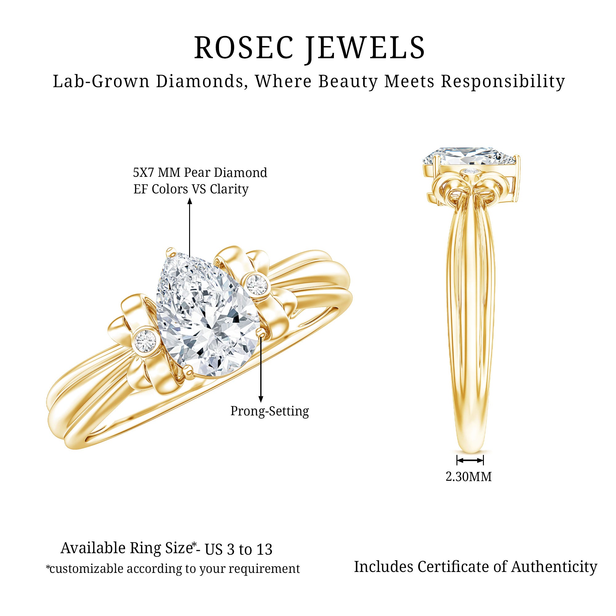 Pear Cut Lab Grown Diamond Solitaire Engagement Ring with Bow Lab - ( EF-VS ) - Rosec Jewels