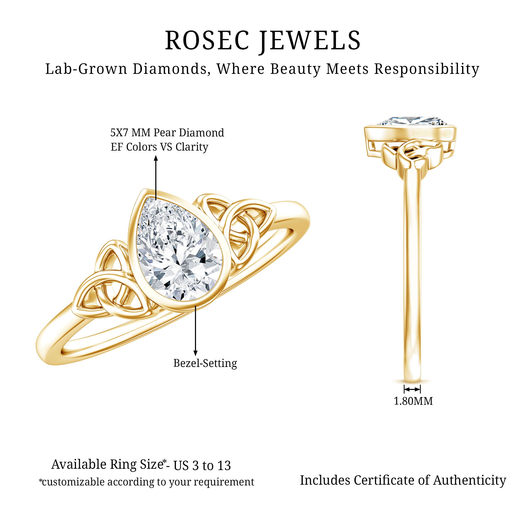 Pear Shape Lab Grown Diamond Solitaire Celtic Ring Lab - ( EF-VS ) - Rosec Jewels