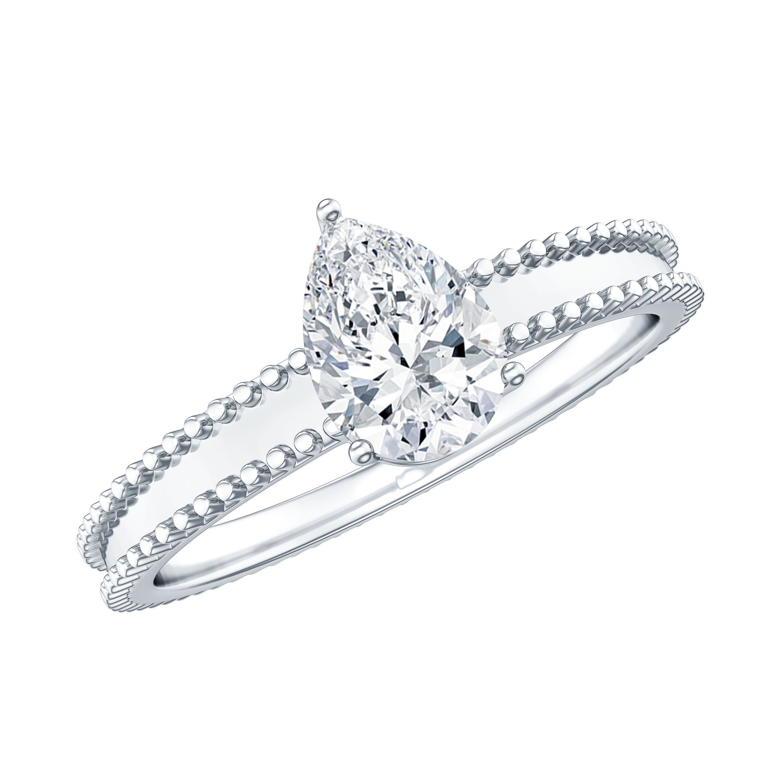 Pear Shaped Lab Grown Diamond Solitaire Ring with Beaded Detailing Lab - ( EF-VS ) - Rosec Jewels
