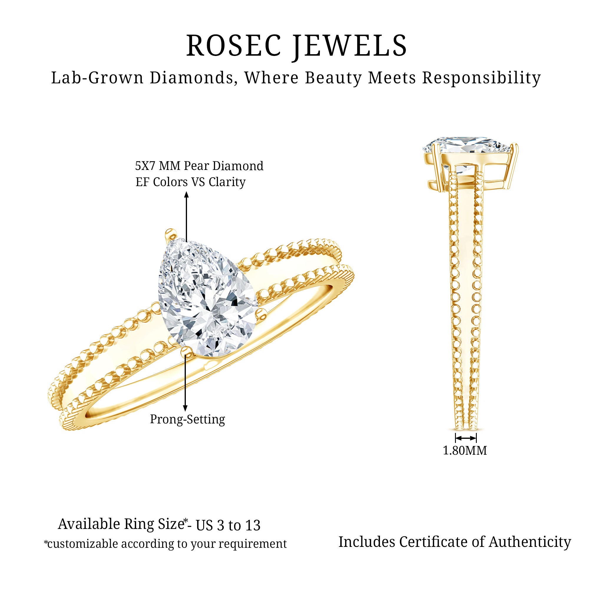 Pear Shaped Lab Grown Diamond Solitaire Ring with Beaded Detailing Lab - ( EF-VS ) - Rosec Jewels
