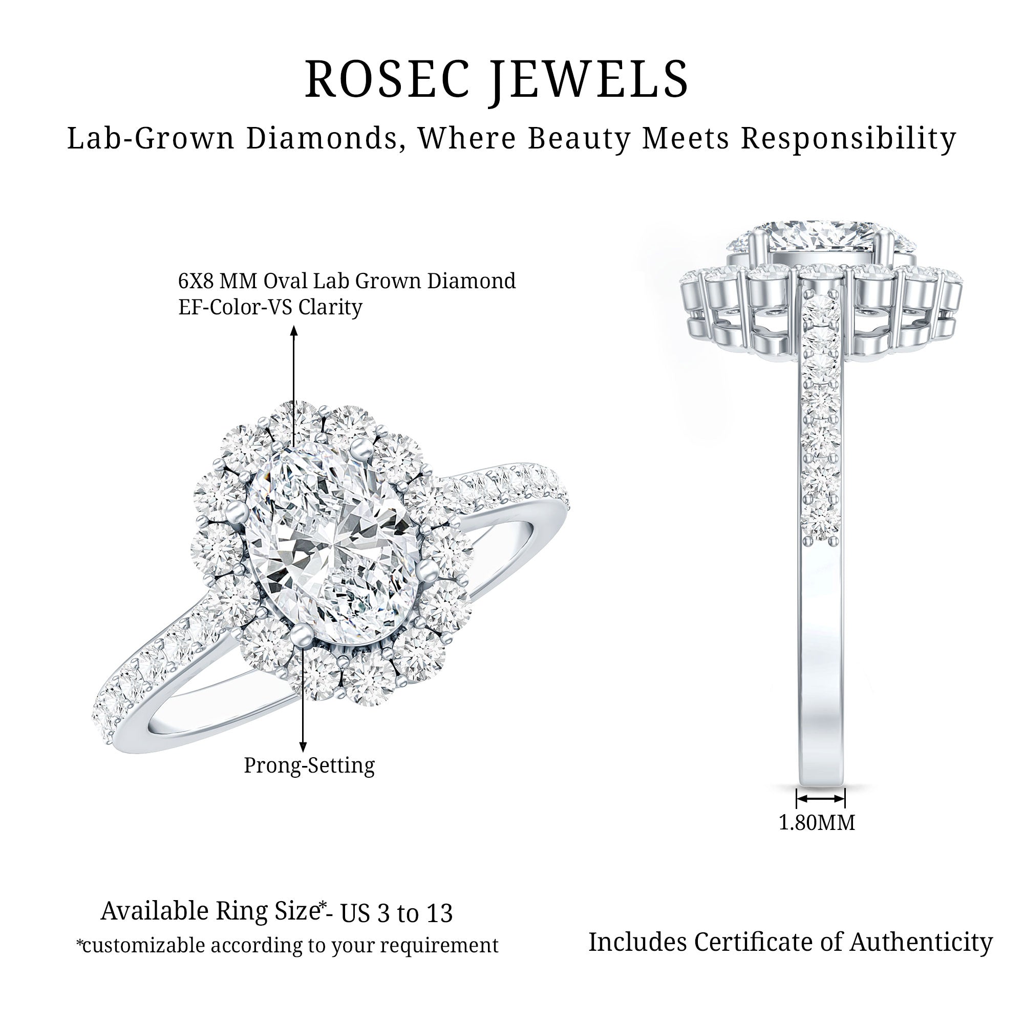 Oval Shape Lab Grown Diamond Halo Engagement Ring Lab - ( EF-VS ) - Rosec Jewels
