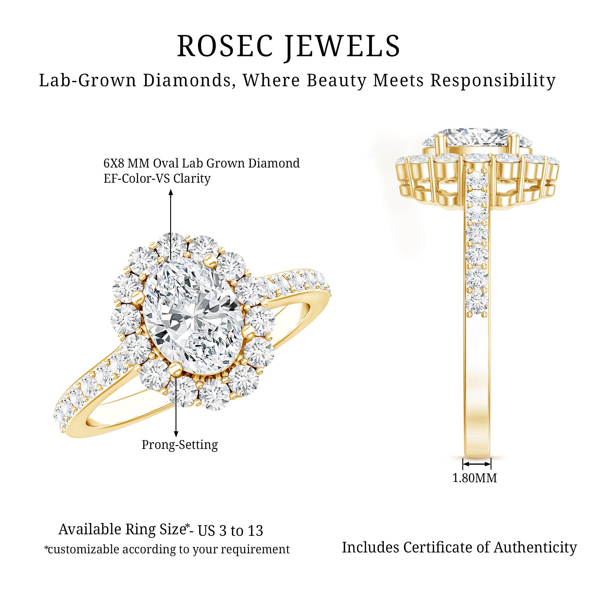 Oval Shape Lab Grown Diamond Halo Engagement Ring Lab - ( EF-VS ) - Rosec Jewels