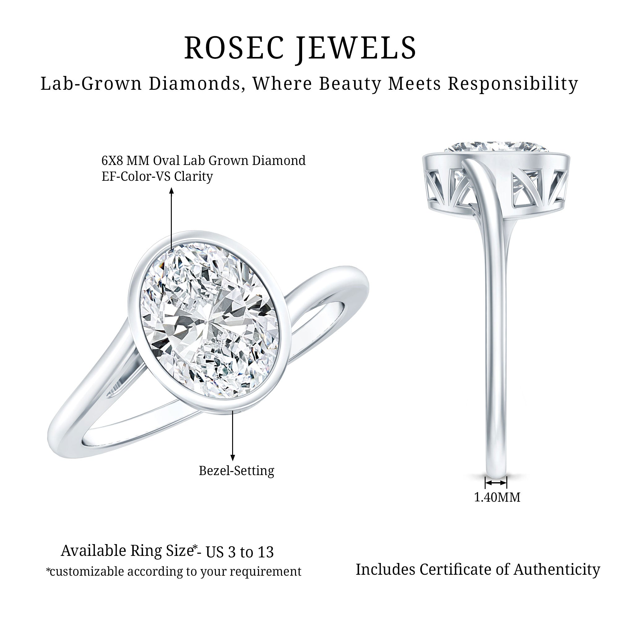 Oval Shape Lab Grown Diamond Solitaire Bypass Ring Lab - ( EF-VS ) - Rosec Jewels