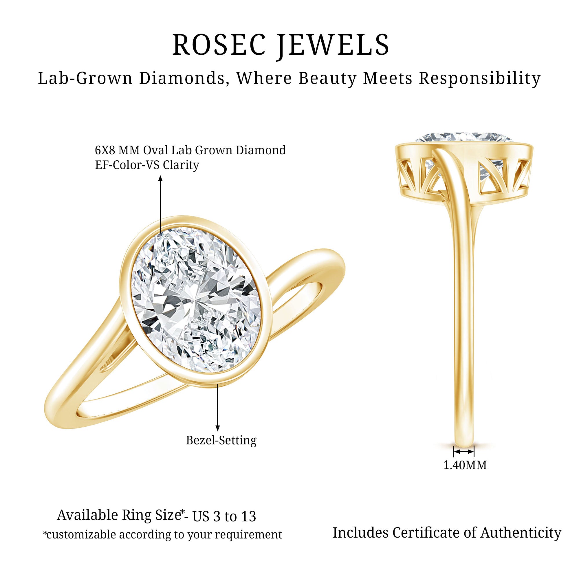 Oval Shape Lab Grown Diamond Solitaire Bypass Ring Lab - ( EF-VS ) - Rosec Jewels